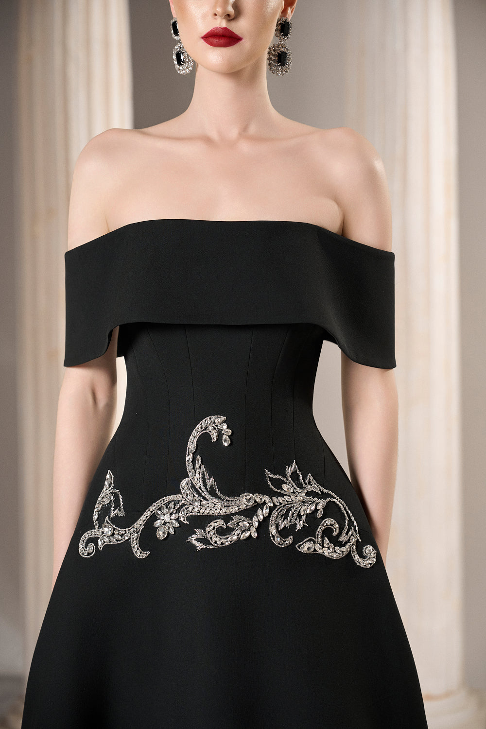 Dress Black off-shoulder gown, fitted bodice, crystal waist
