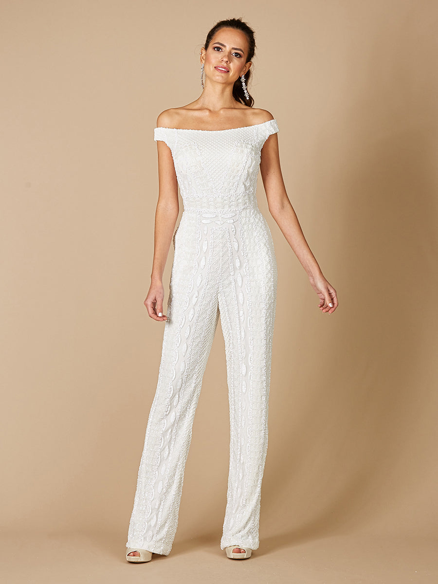 Gabby Beaded Off-the-Shoulder Bridal Jumpsuit with Pockets 51060