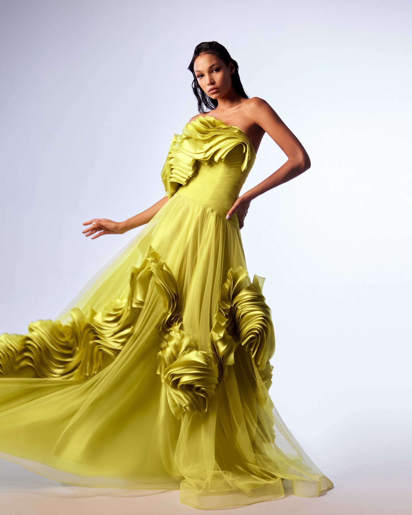 Gaby Charbachy G1736 Green Strapless Tulle & Organza Ball Gown with Layered Draped Bust
