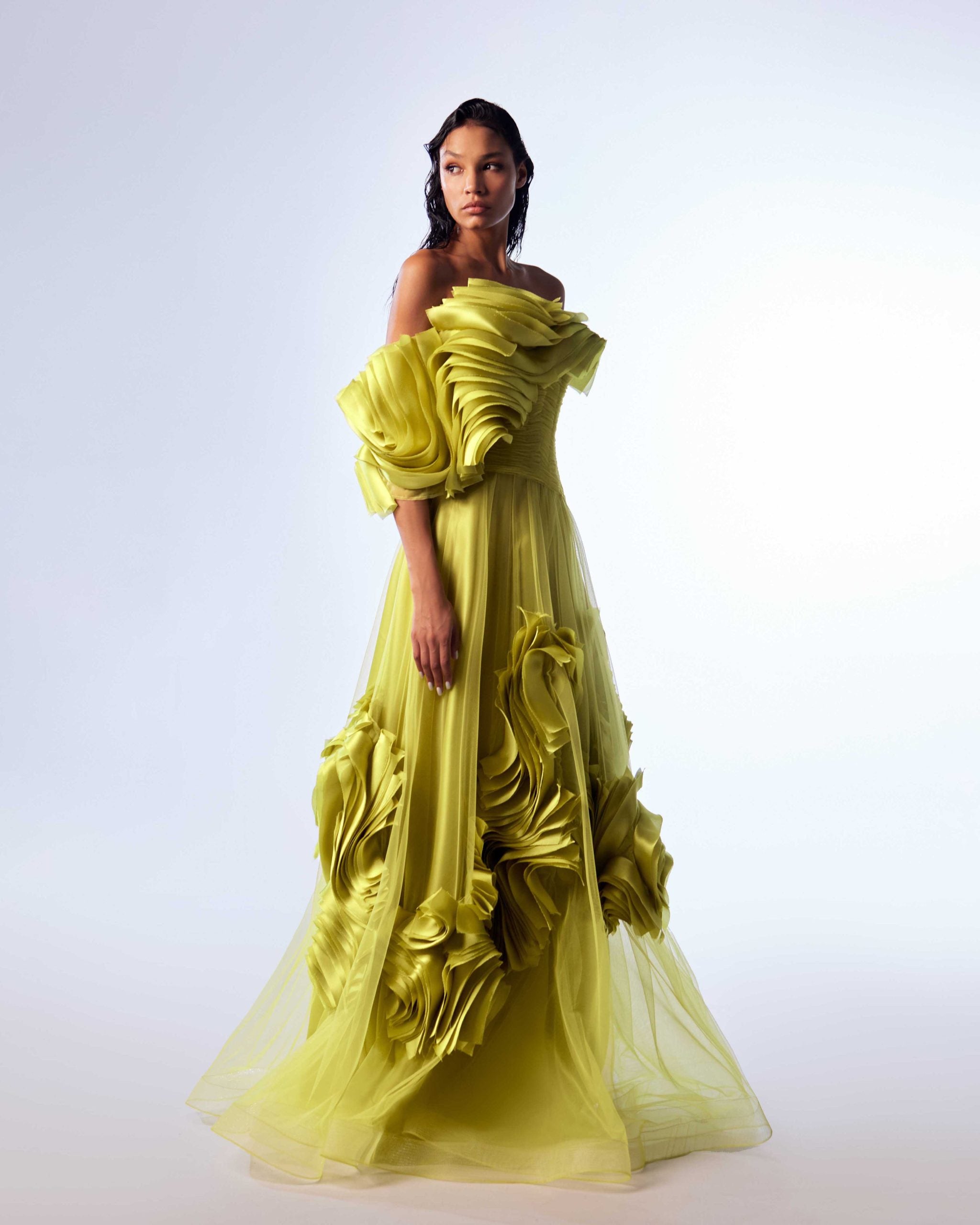 Gaby Charbachy G1736 Green Strapless Tulle & Organza Ball Gown with Layered Draped Bust