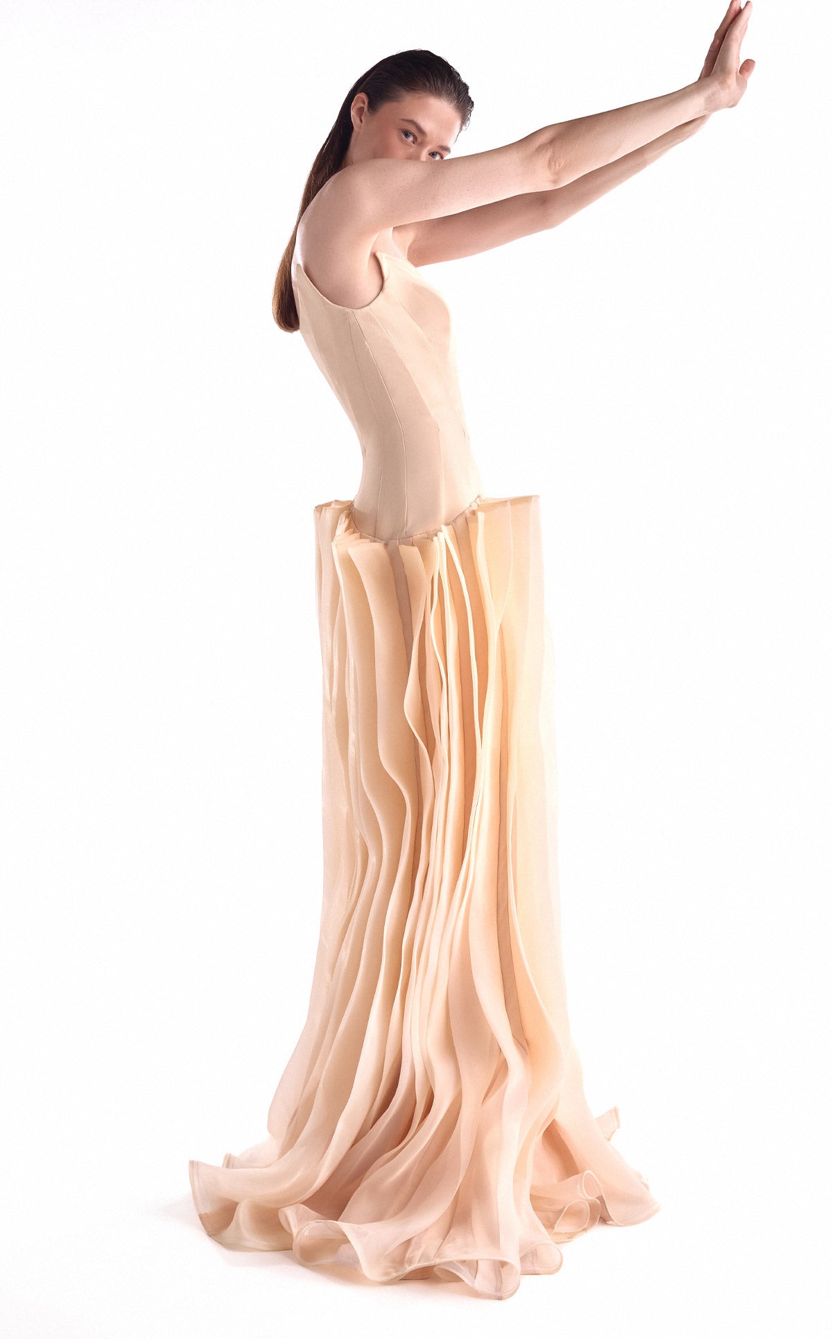 Gaby Charbachy G2100 Nude Deep-V Crepe Corset Gown with Layered Organza Skirt