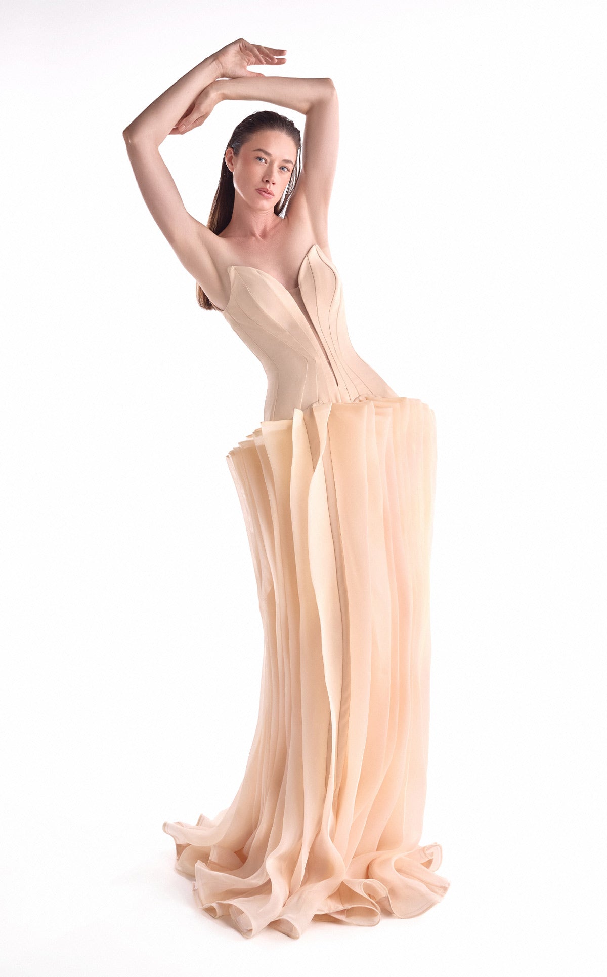 Gaby Charbachy G2100 Nude Deep-V Crepe Corset Gown with Layered Organza Skirt