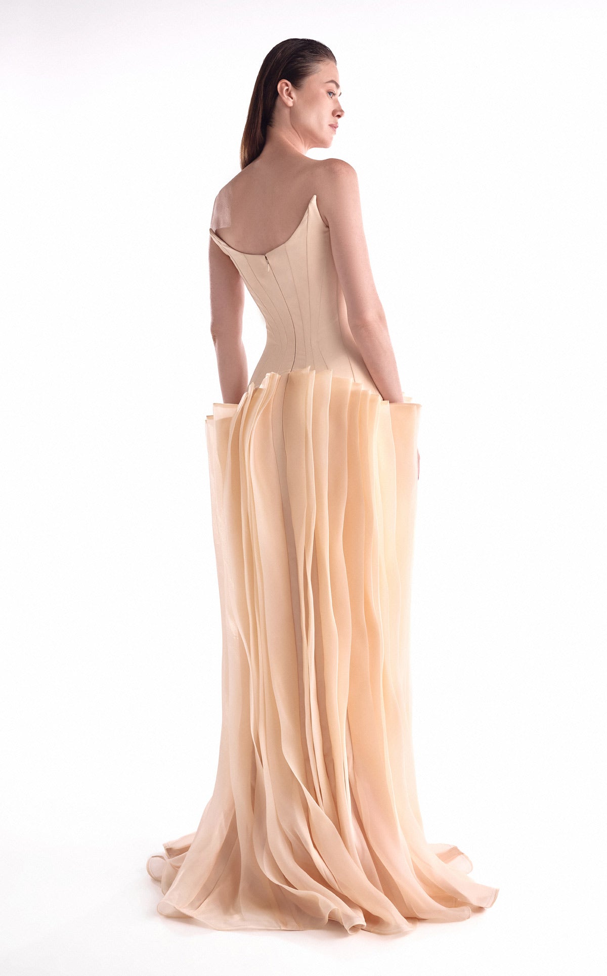 Gaby Charbachy G2100 Nude Deep-V Crepe Corset Gown with Layered Organza Skirt