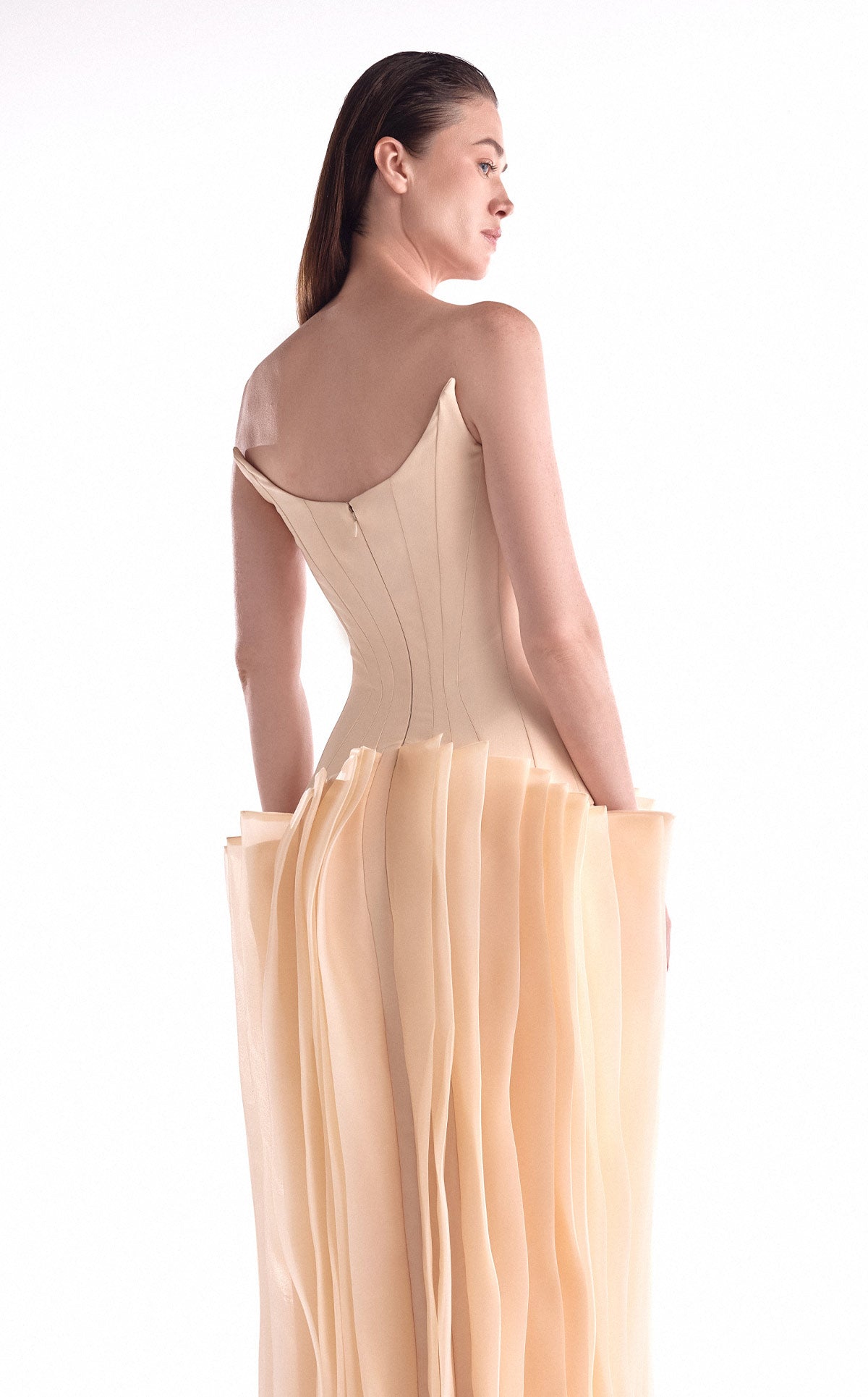 Gaby Charbachy G2100 Nude Deep-V Crepe Corset Gown with Layered Organza Skirt