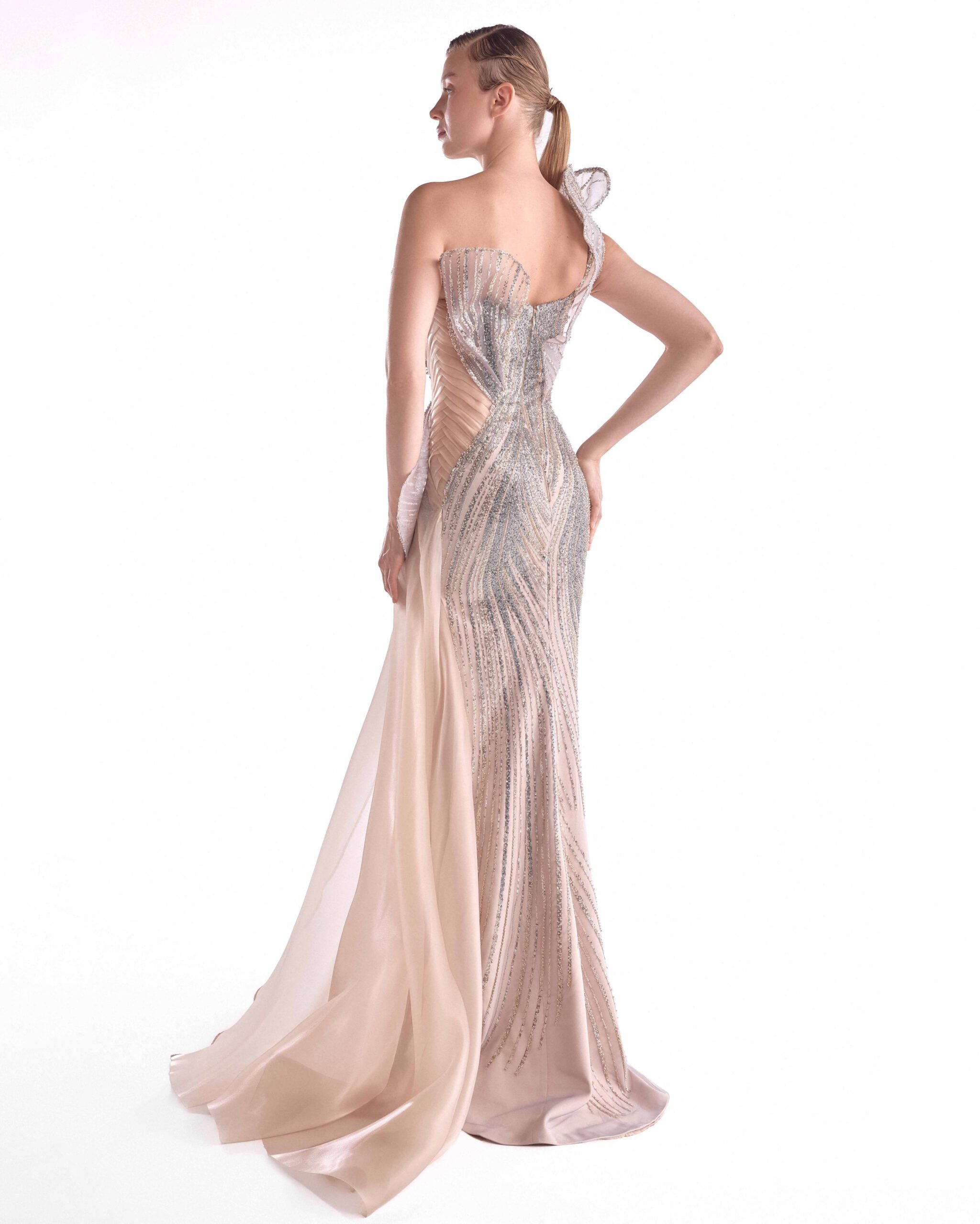 Gaby Charbachy G2101 Nude Silver Lace One-Shoulder Gown with Organza Train & High Slit