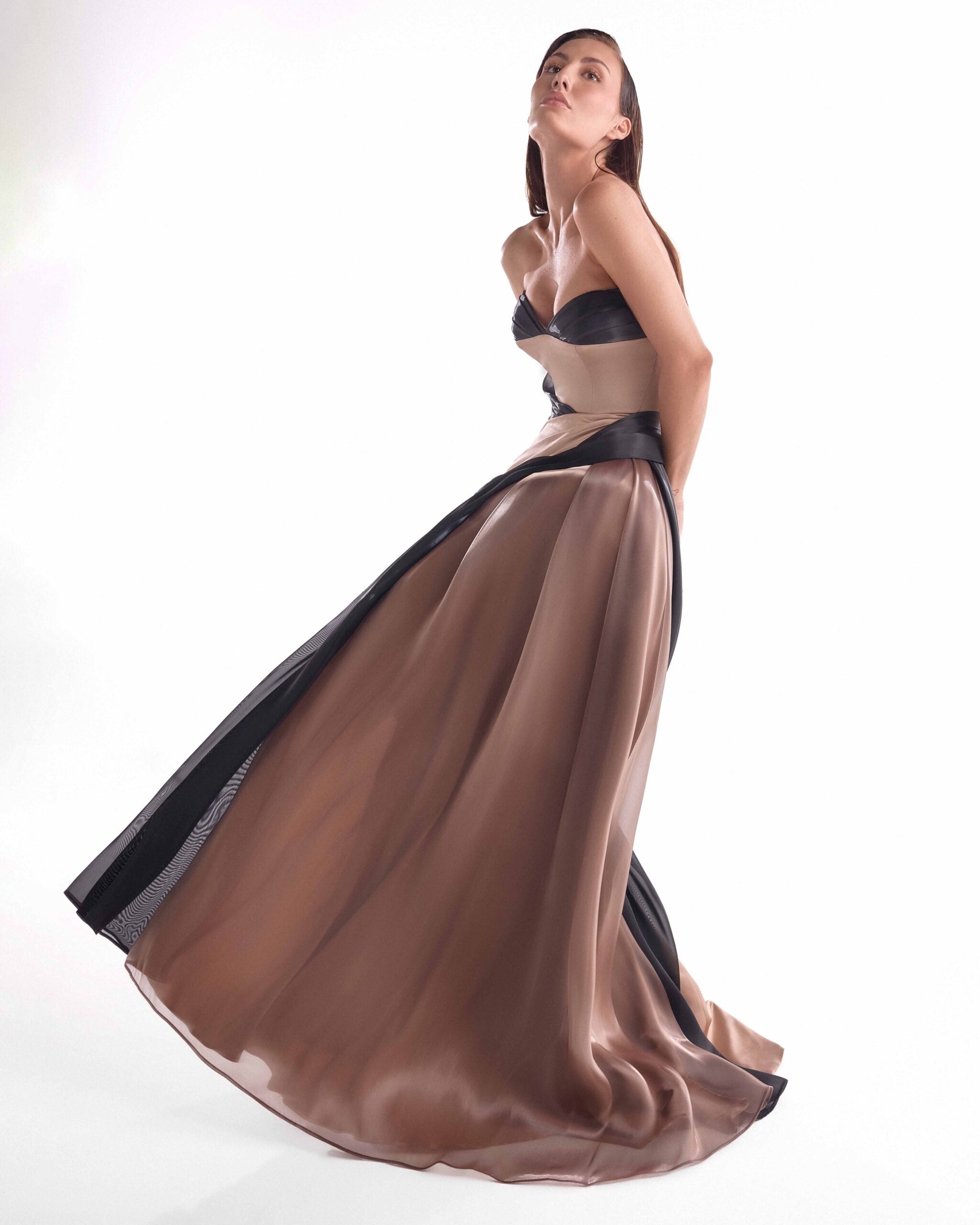Gaby Charbachy G2102 Brown & Black Satin Razmir Organza Draped Gown