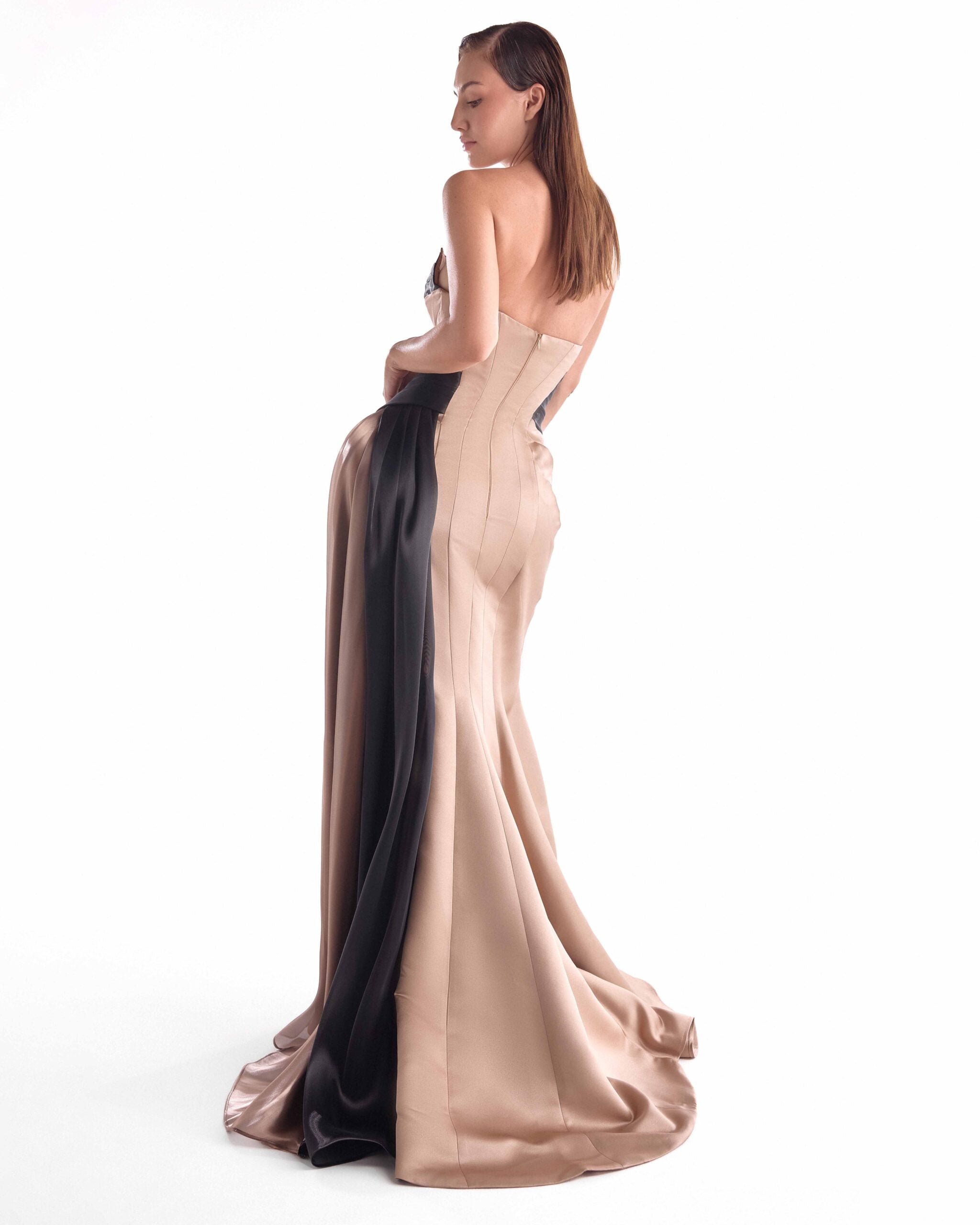 Gaby Charbachy G2102 Brown & Black Satin Razmir Organza Draped Gown