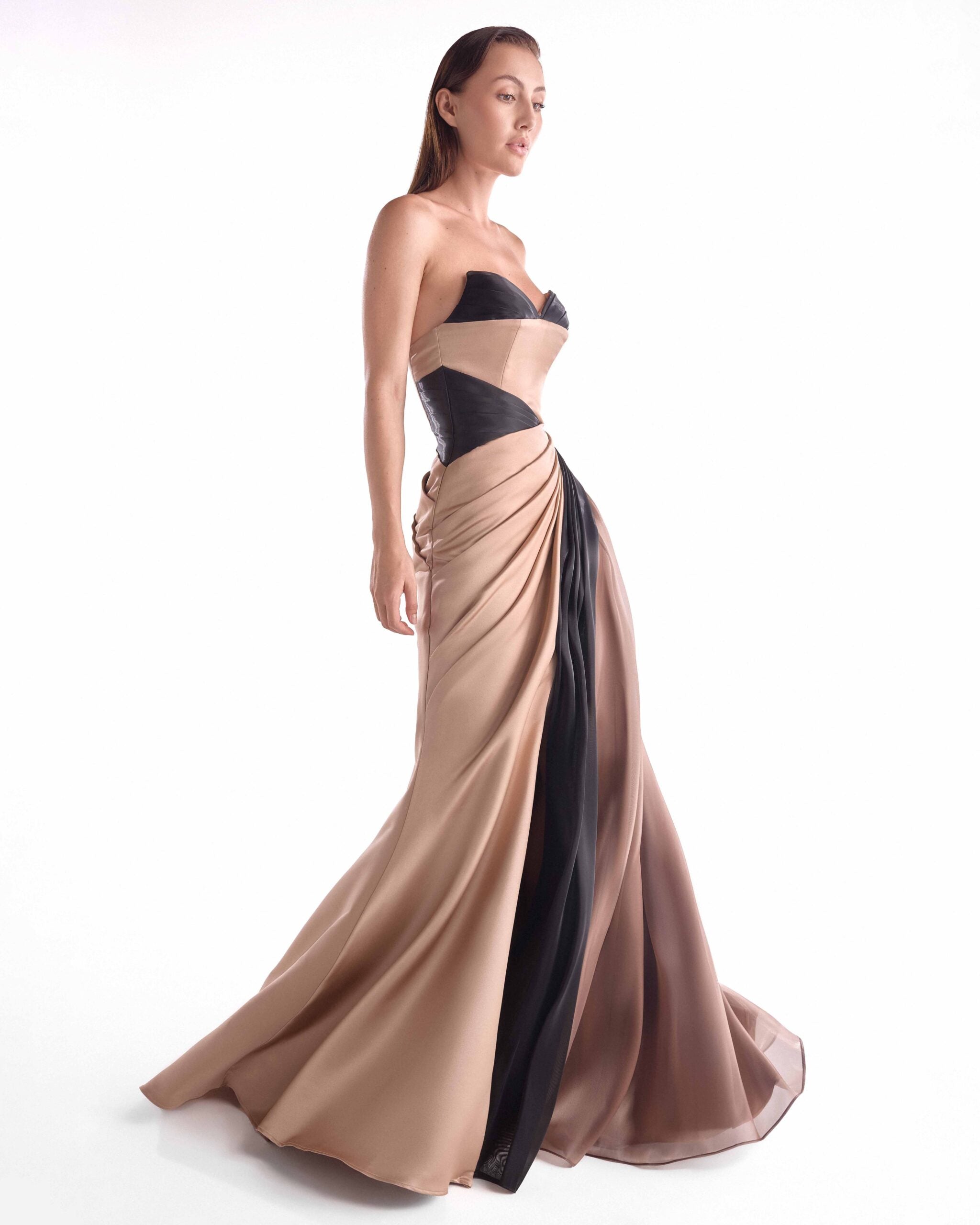 Gaby Charbachy G2102 Brown & Black Satin Razmir Organza Draped Gown