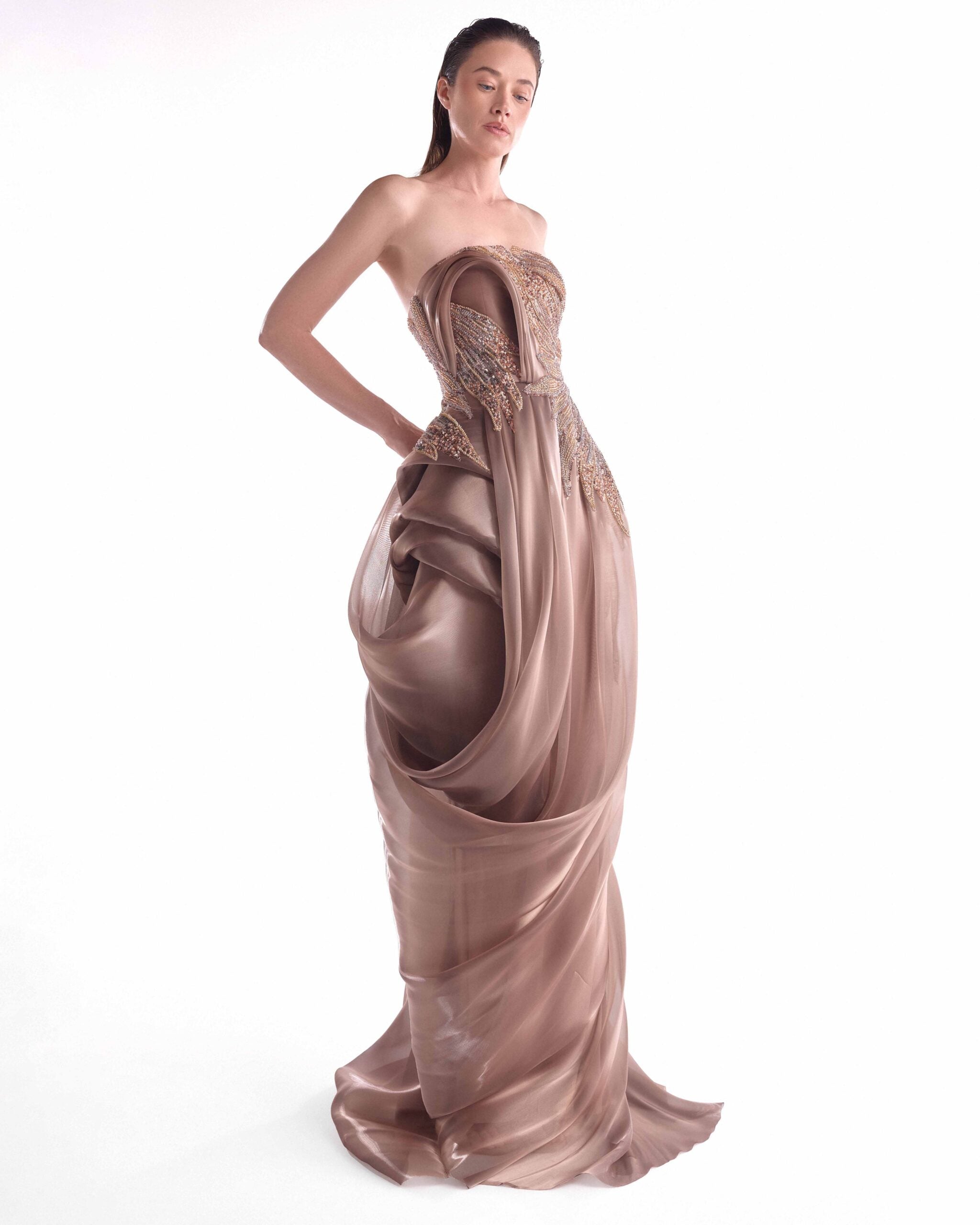 Gaby Charbachy G2103 Brown Grecian Peg-Top Gown with Lace Inserts & Fluid Draping