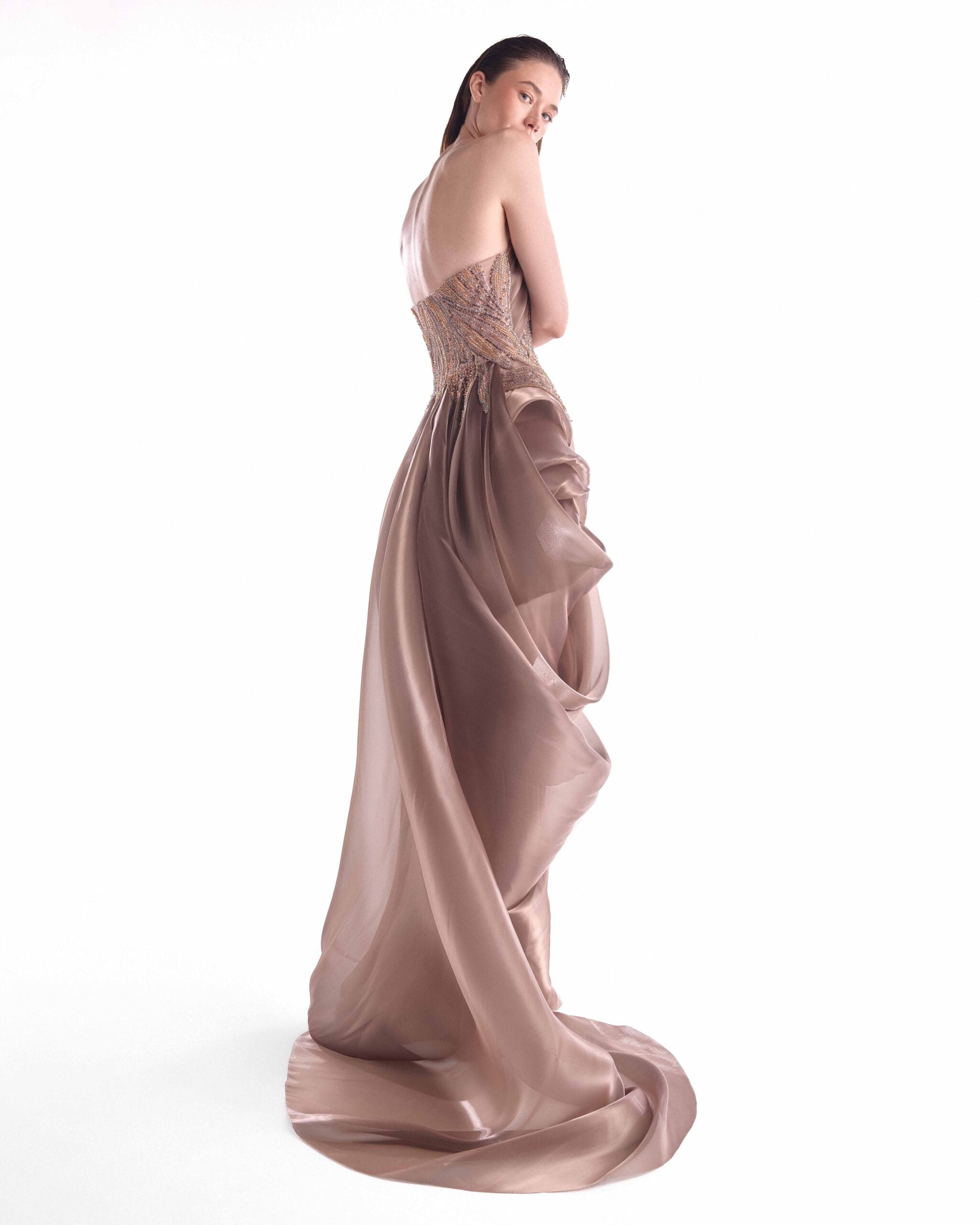 Gaby Charbachy G2103 Brown Grecian Peg-Top Gown with Lace Inserts & Fluid Draping
