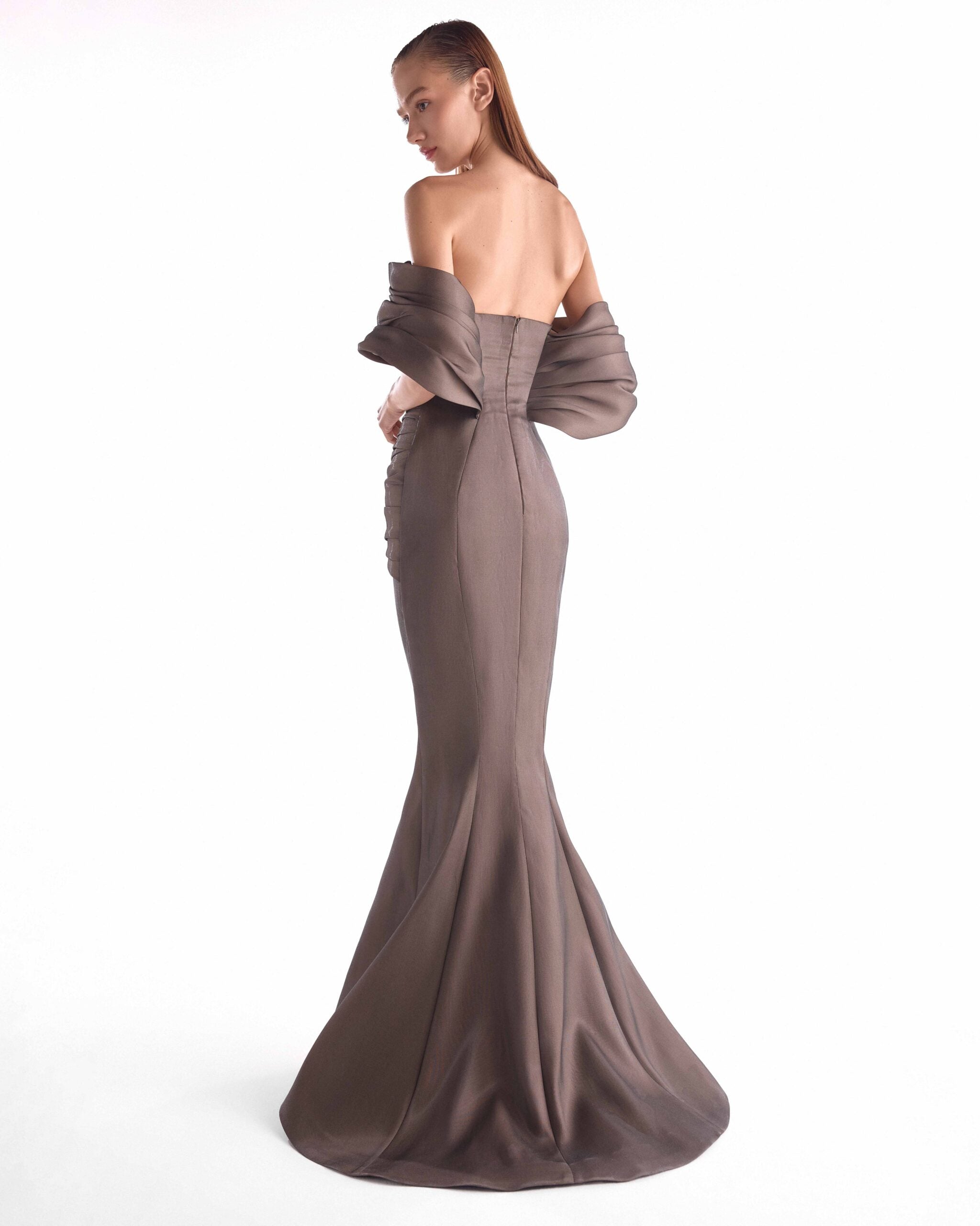 Gaby Charbachy G2104 Chocolate Brown Asymmetric Draped Organza Gown