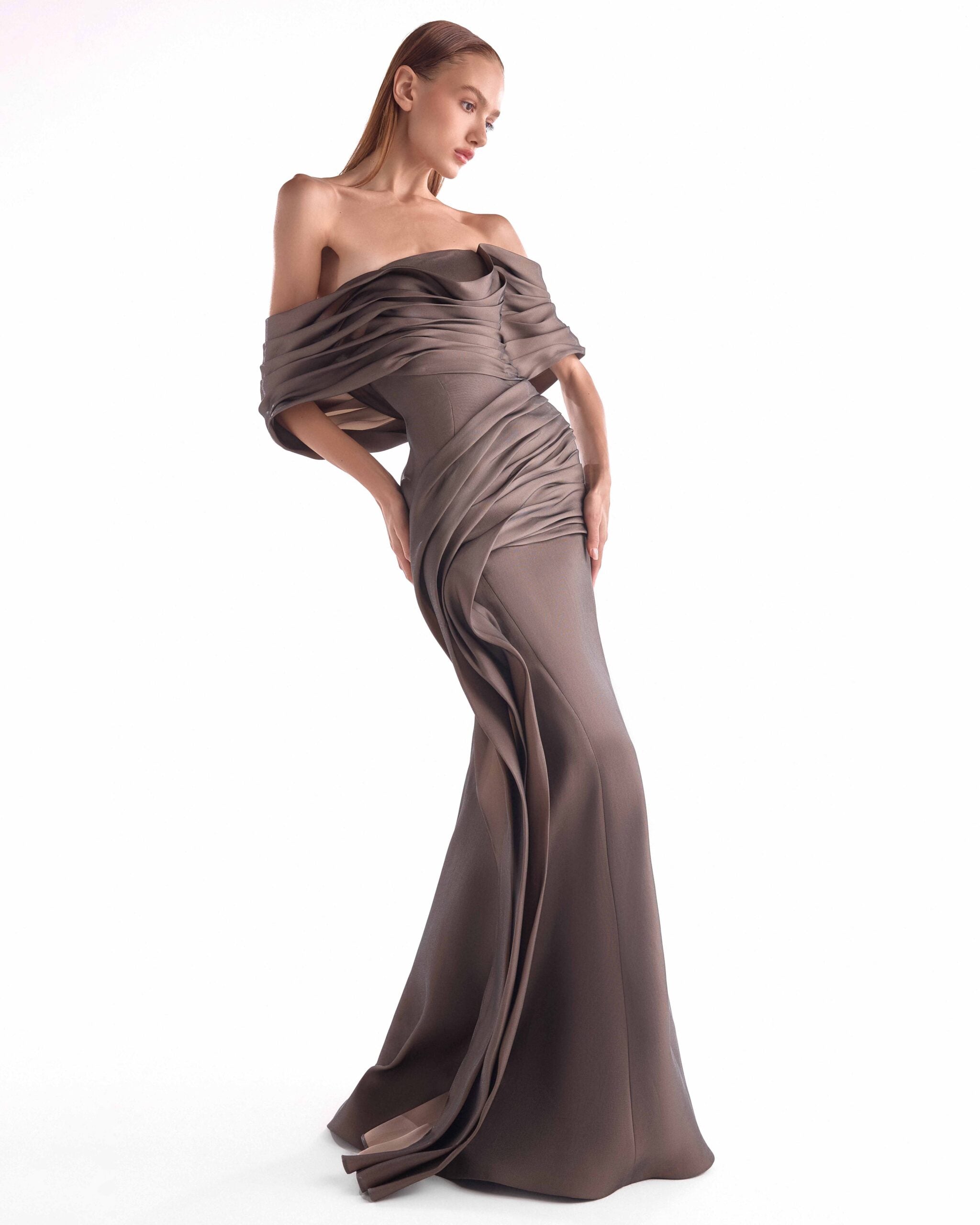 Gaby Charbachy G2104 Chocolate Brown Asymmetric Draped Organza Gown