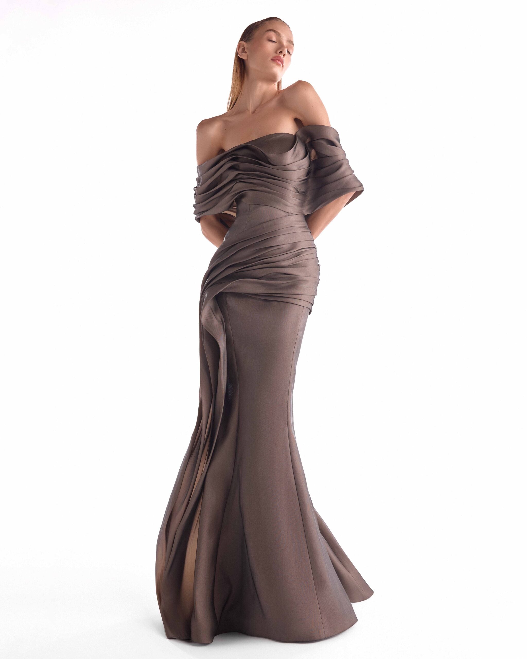 Gaby Charbachy G2104 Chocolate Brown Asymmetric Draped Organza Gown