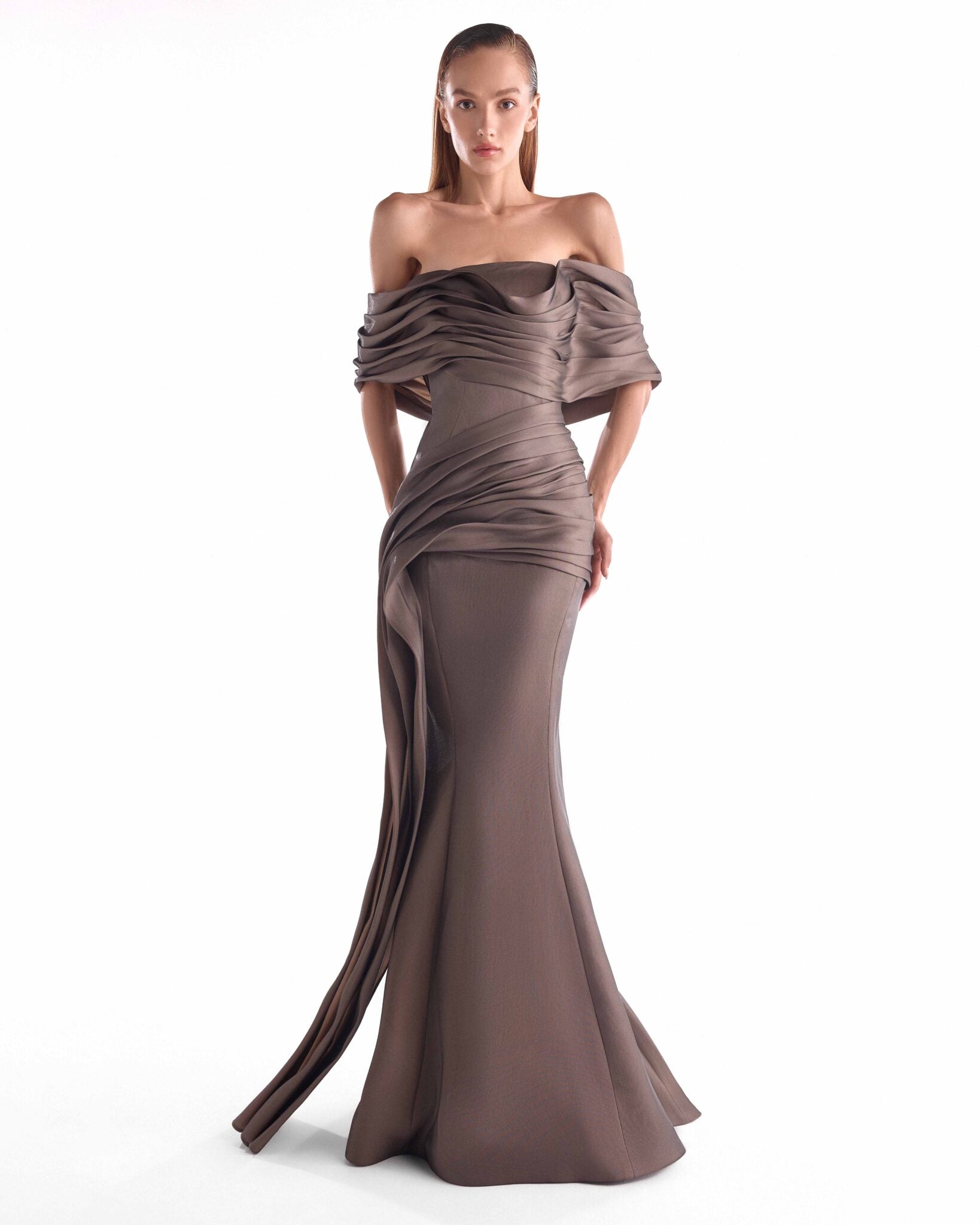 Gaby Charbachy G2104 Chocolate Brown Asymmetric Draped Organza Gown