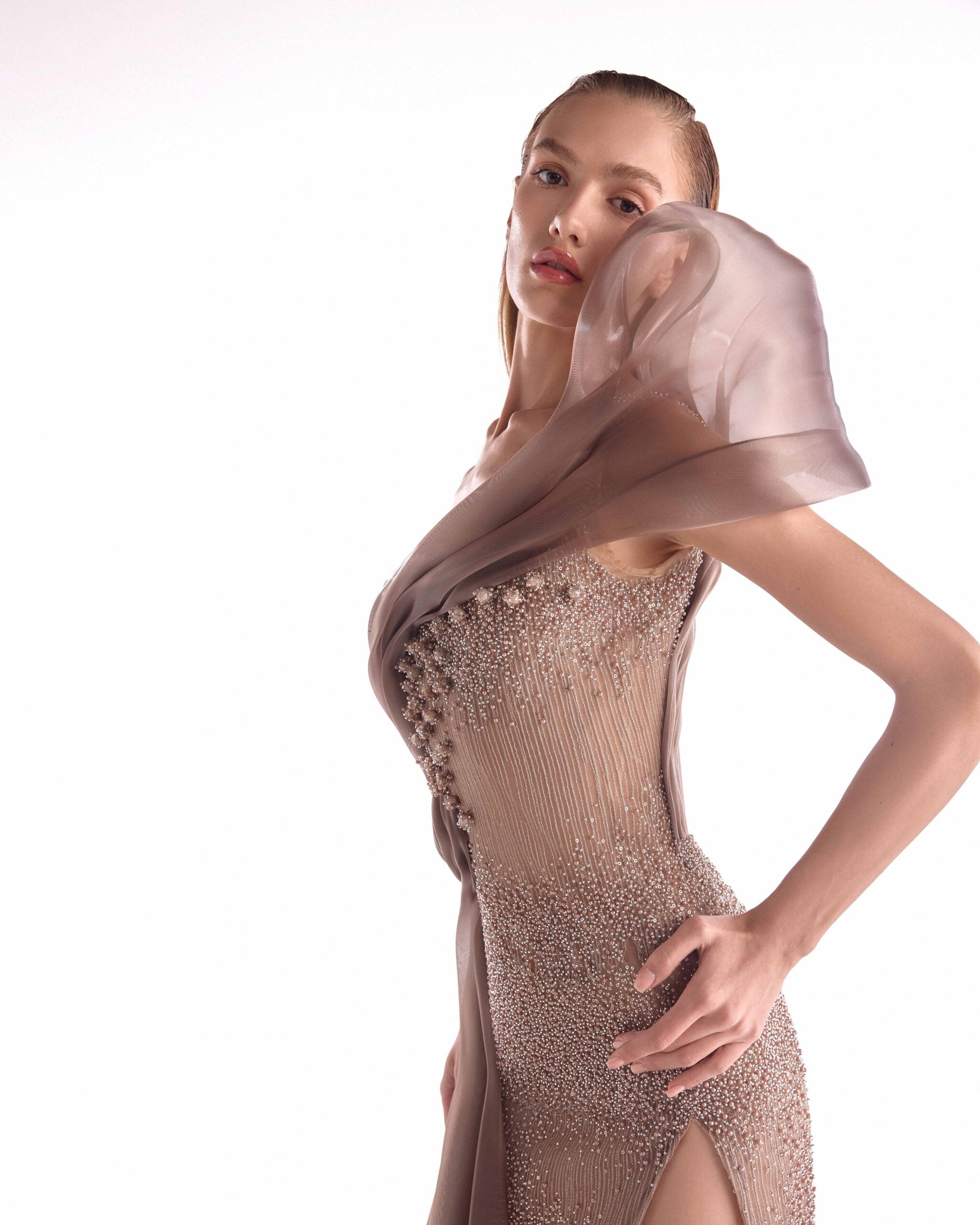 Gaby Charbachy G2105 Brown One-Shoulder Pearl Lace Column Gown with Organza Train