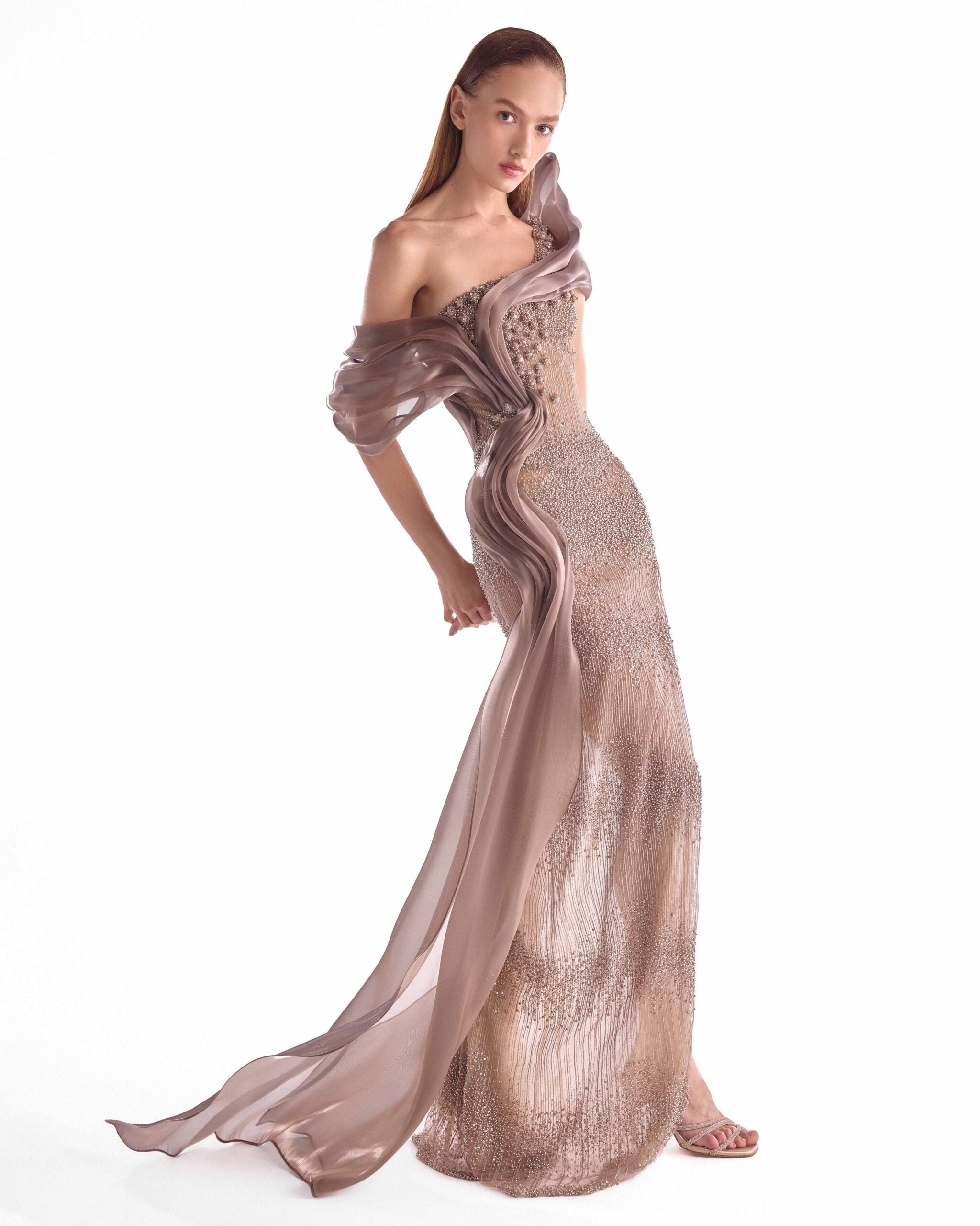 Gaby Charbachy G2105 Brown One-Shoulder Pearl Lace Column Gown with Organza Train