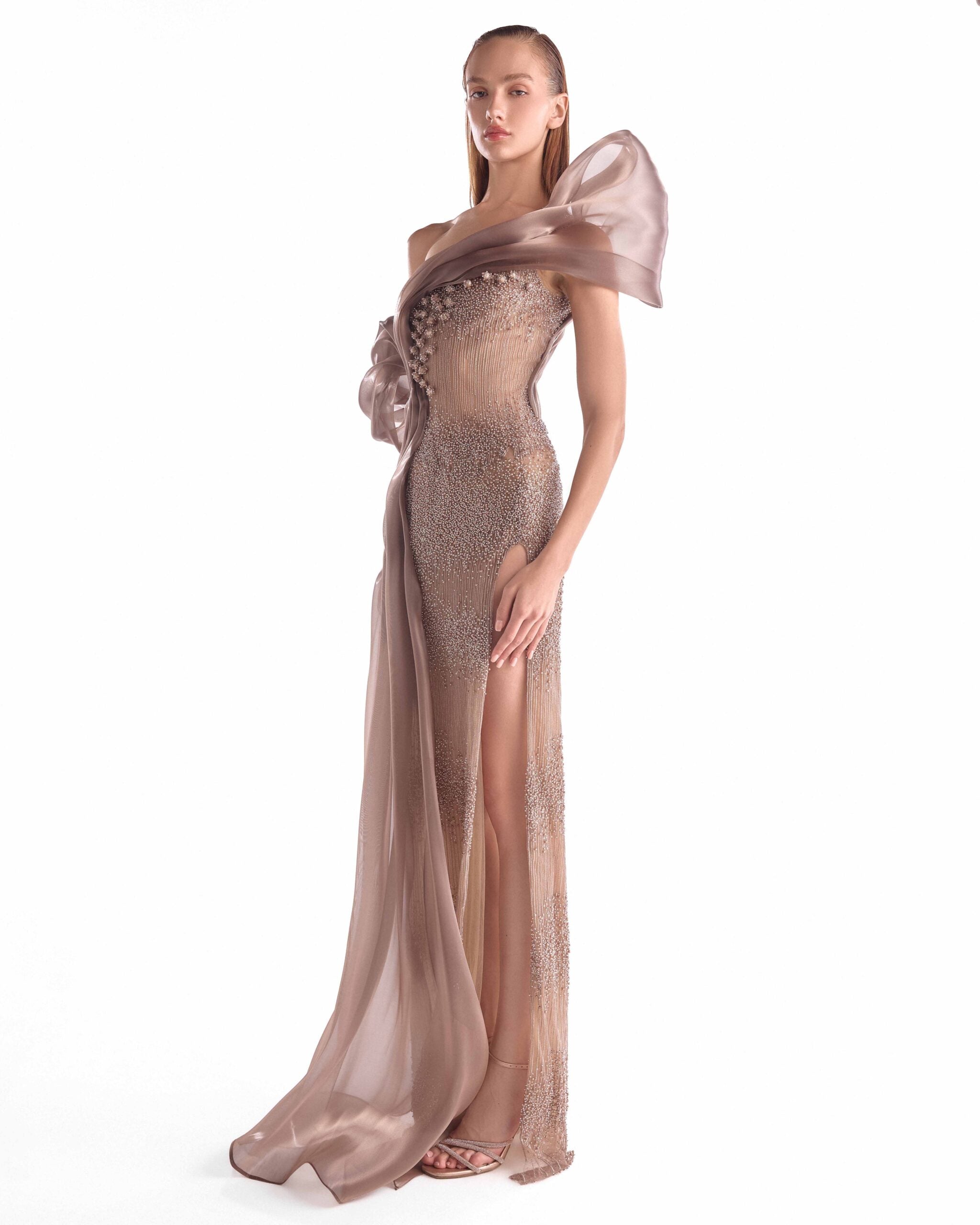 Gaby Charbachy G2105 Brown One-Shoulder Pearl Lace Column Gown with Organza Train