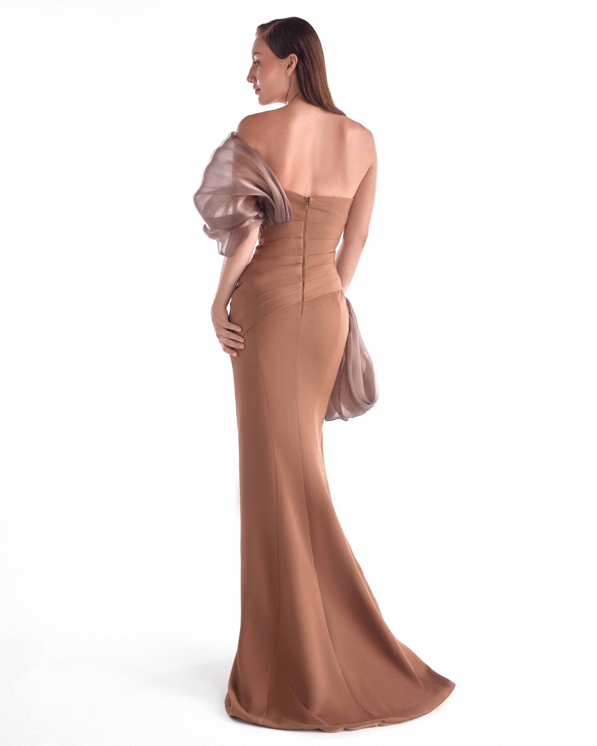 Gaby Charbachy G2106 Off-Shoulder Crepe Gown with Fluid Organza Draping & High Slit