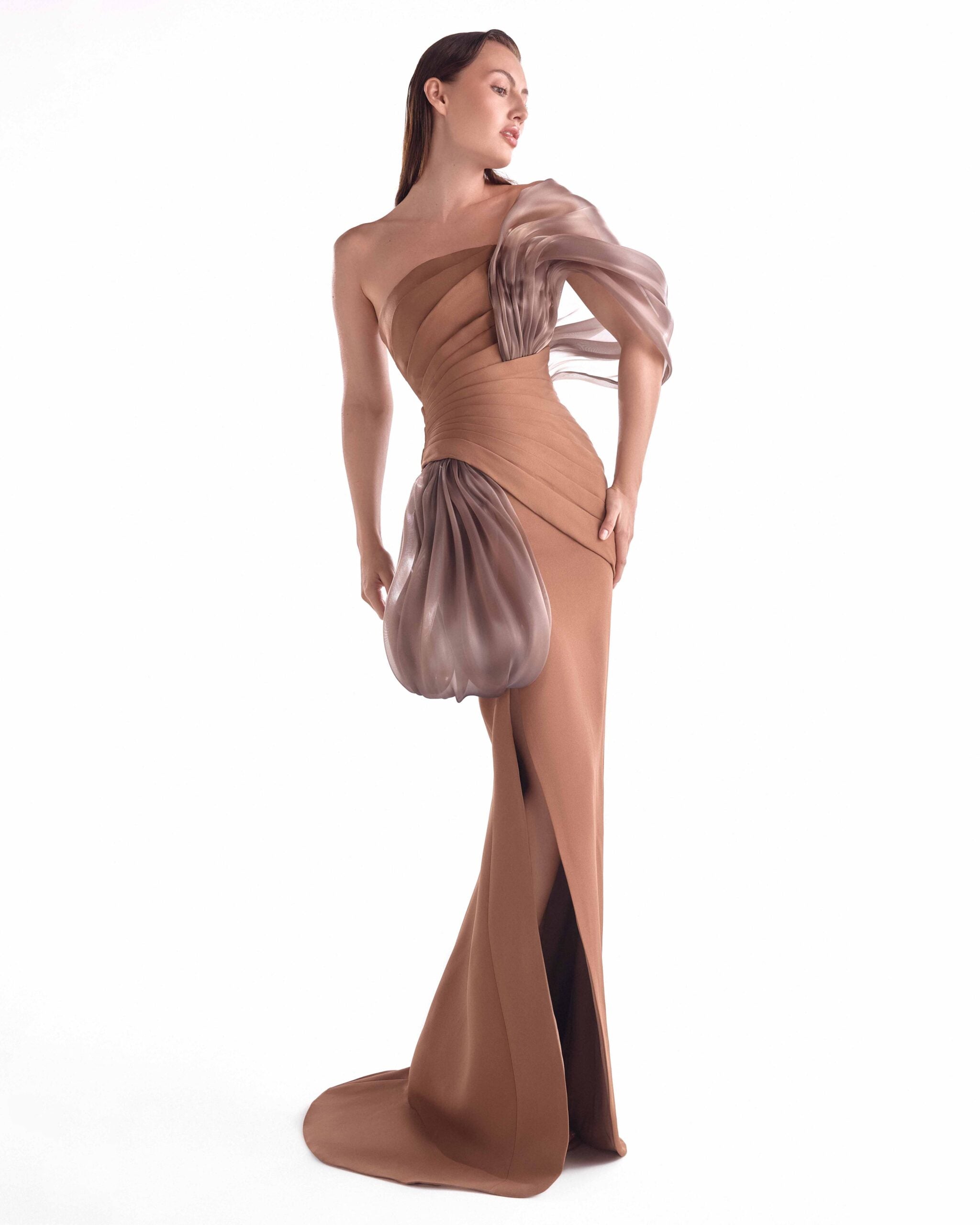 Gaby Charbachy G2106 Off-Shoulder Crepe Gown with Fluid Organza Draping & High Slit