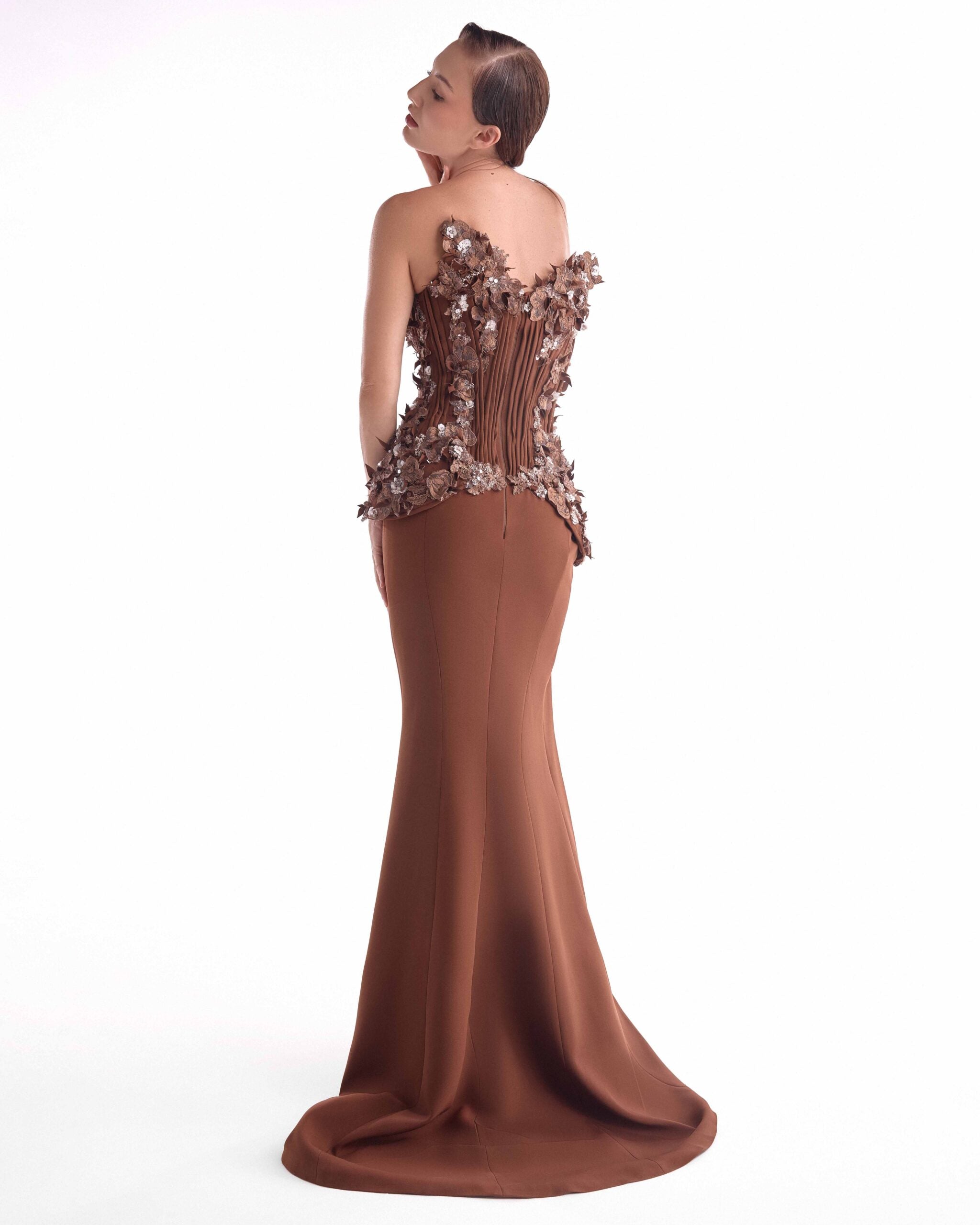 Gaby Charbachy G2108 Brown Plunging V-Neck Corset Gown with 3D Floral Appliqué & High Slit