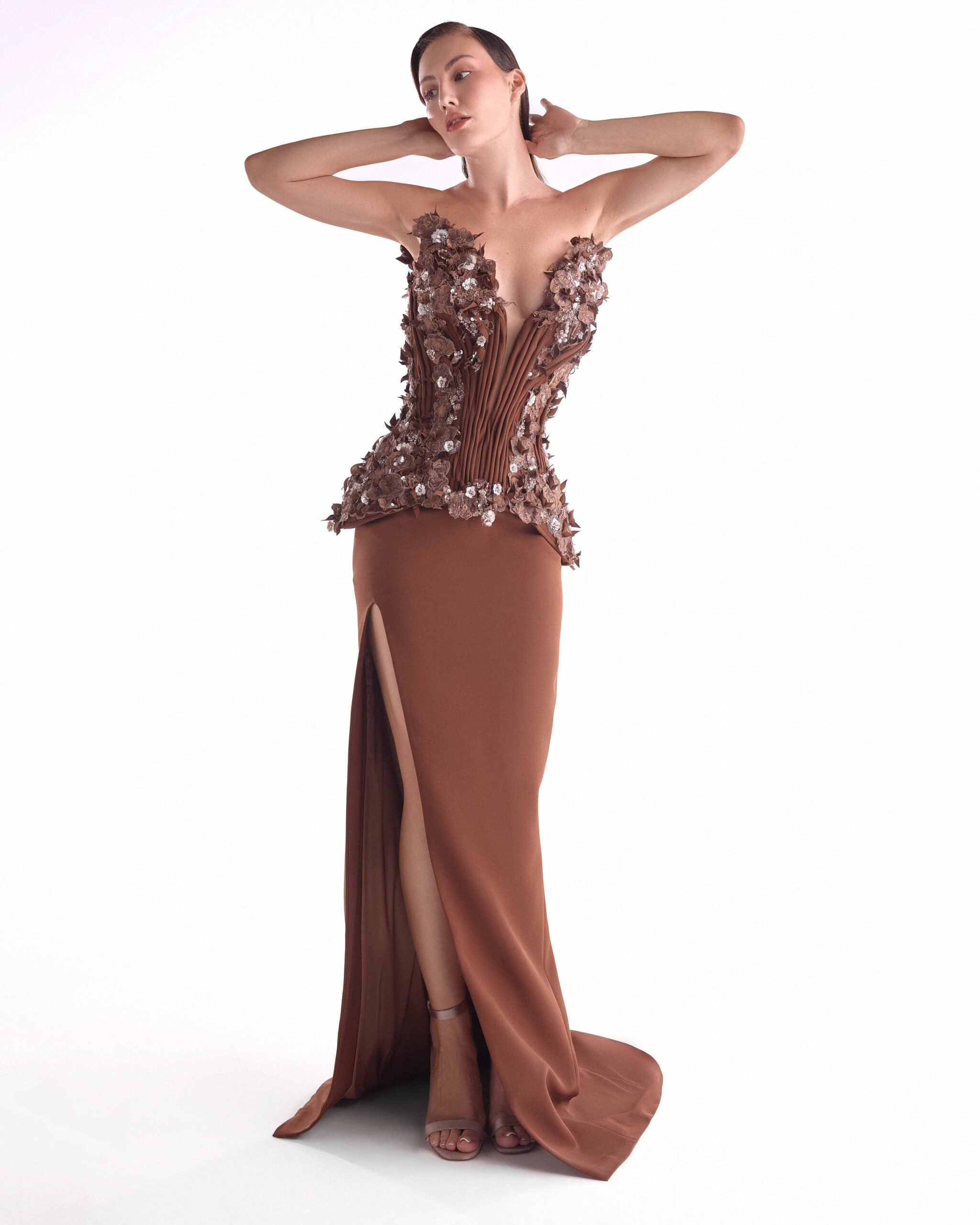 Gaby Charbachy G2108 Brown Plunging V-Neck Corset Gown with 3D Floral Appliqué & High Slit