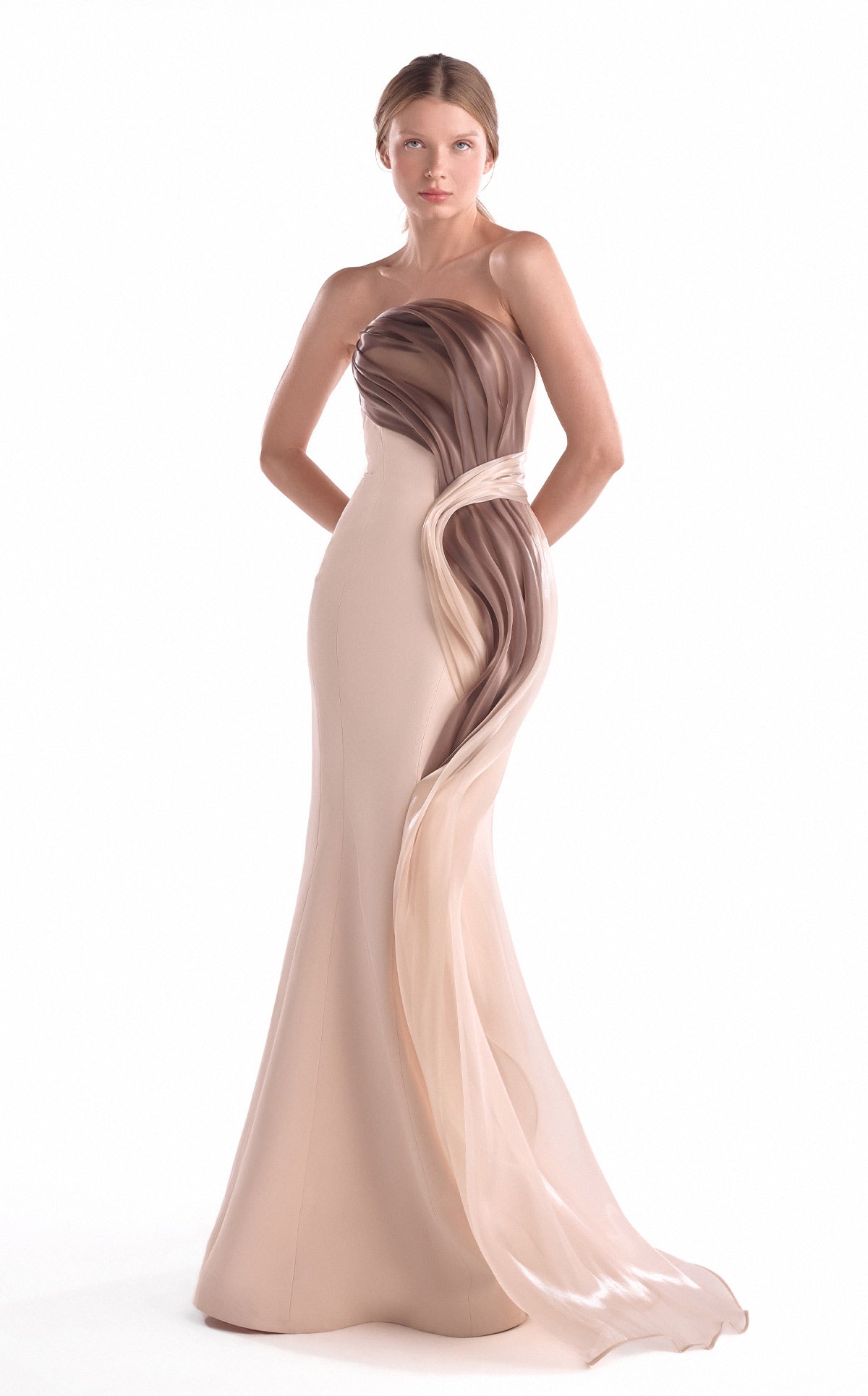 Gaby Charbachy G2109 Nude Strapless Crepe Mermaid Gown with Two-Tone Organza Draping