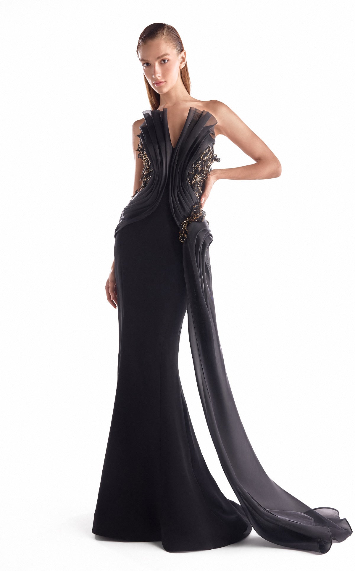 Gaby Charbachy G2113 Crepe Mermaid Gown with Symmetrical Organza Draping & Gold 3D Lace Inserts