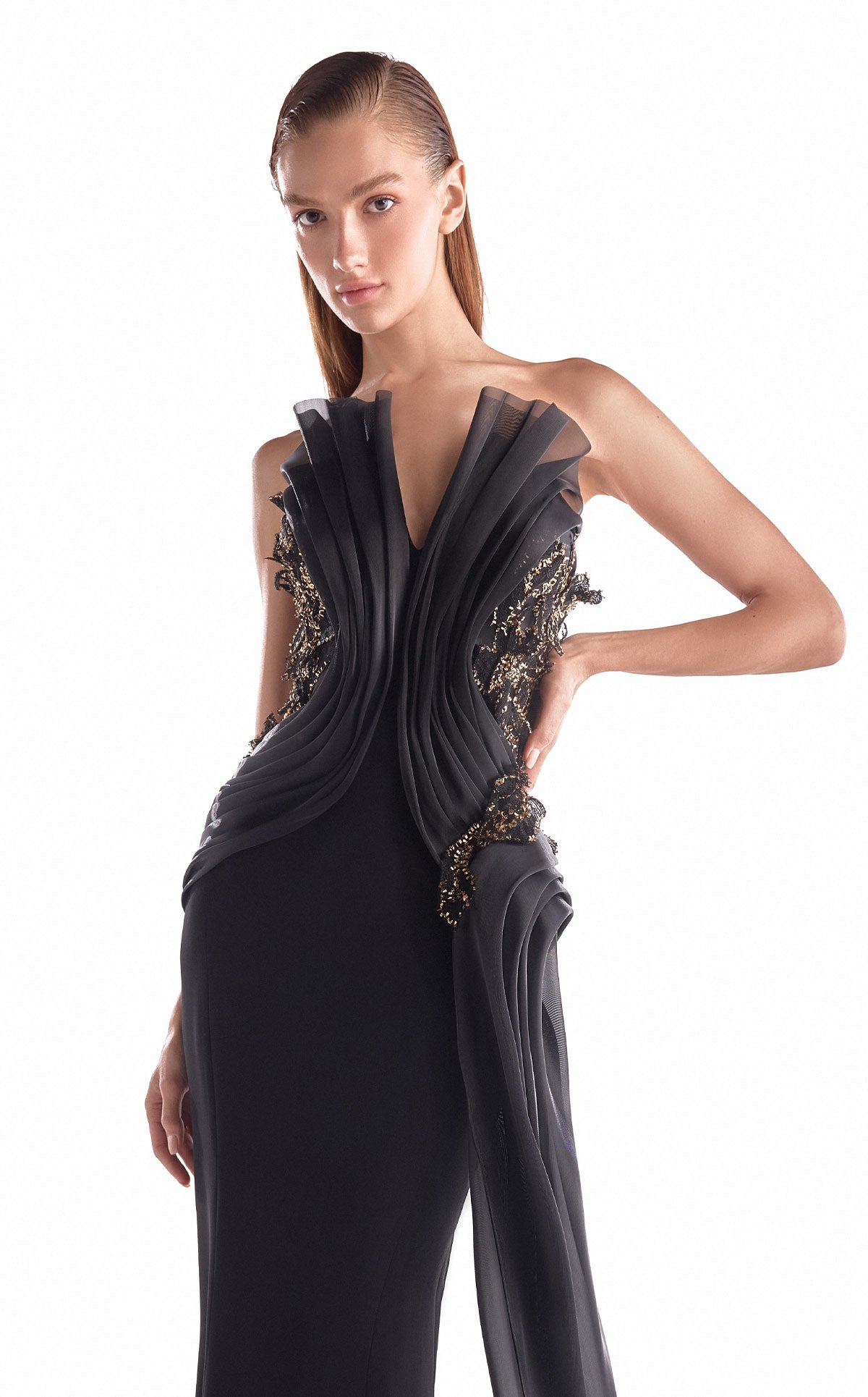 Gaby Charbachy G2113 Crepe Mermaid Gown with Symmetrical Organza Draping & Gold 3D Lace Inserts