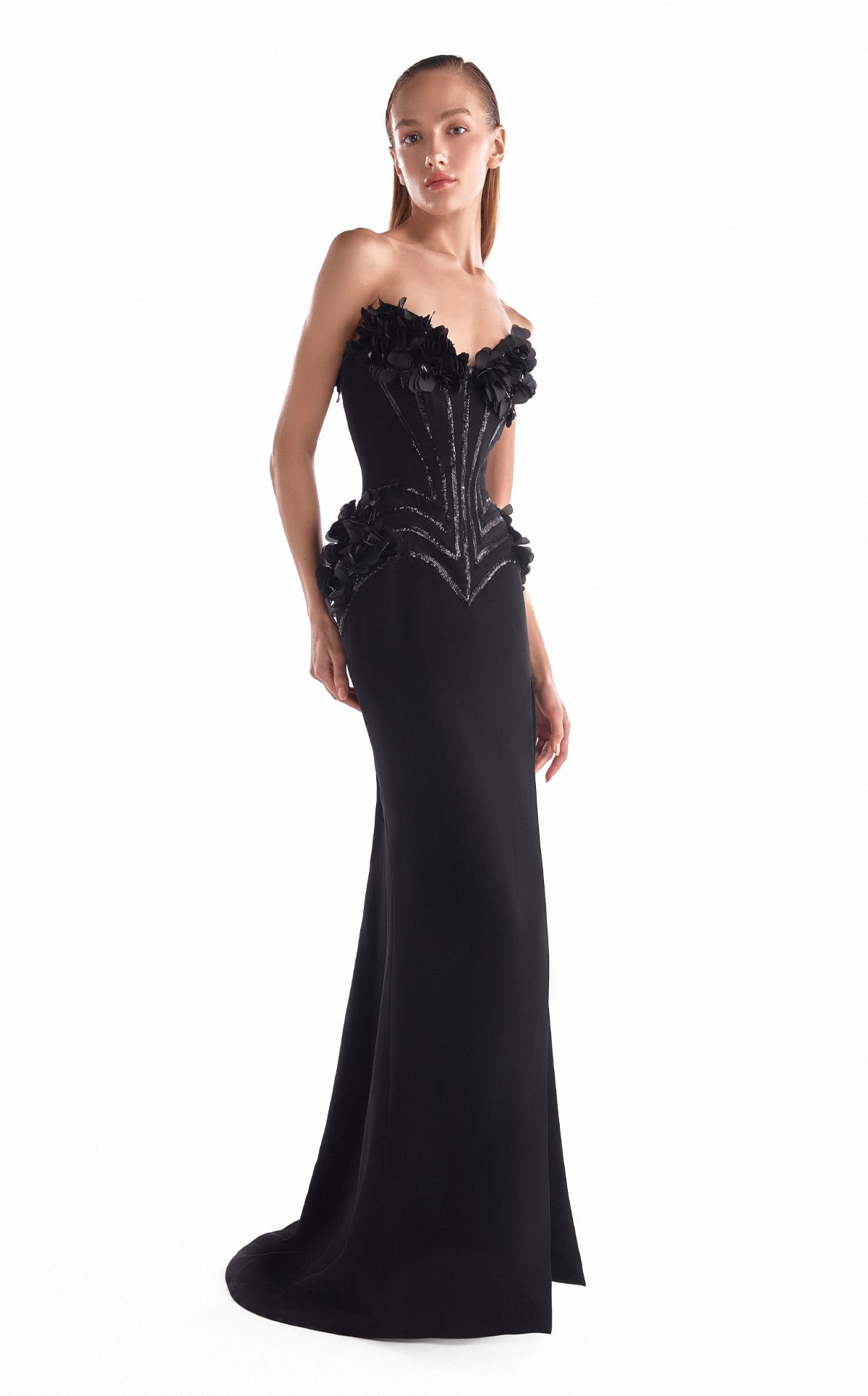 Gaby Charbachy G2115 Strapless Crepe Mermaid Gown with Sequinned Corset & 3D Floral Appliqués