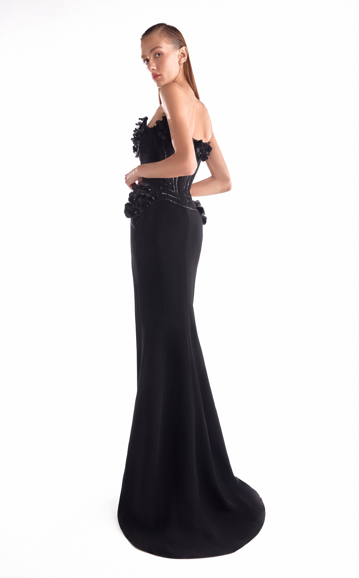 Gaby Charbachy G2115 Strapless Crepe Mermaid Gown with Sequinned Corset & 3D Floral Appliqués