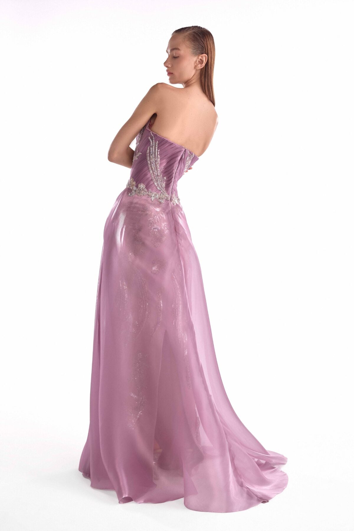 Gaby Charbachy G2131 Old Rose Floral Lace Gown with Organza Draped Train