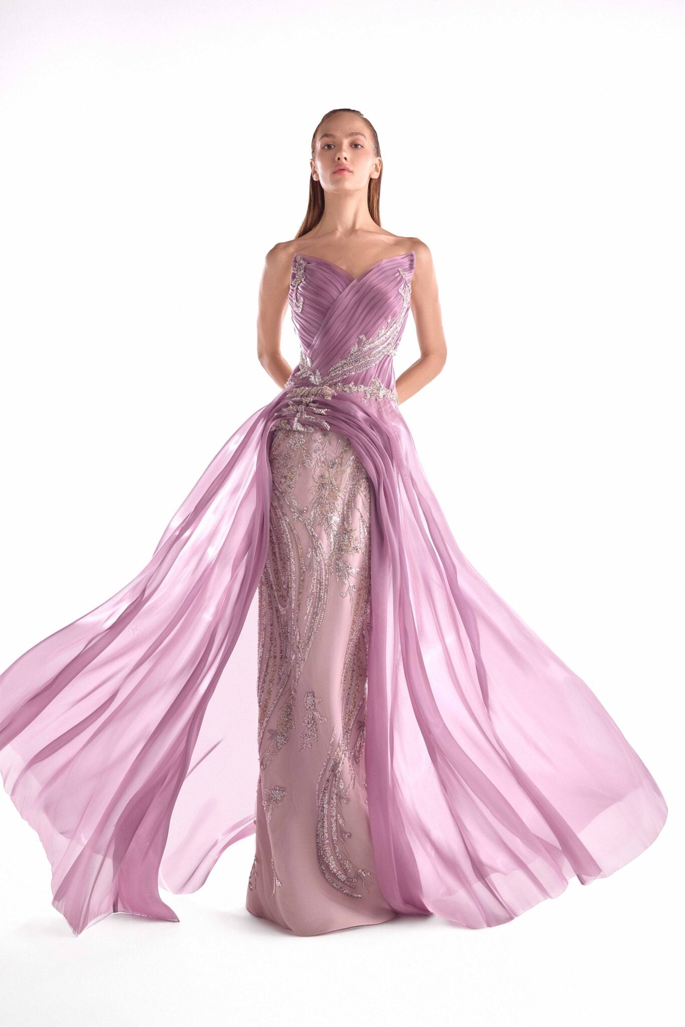 Gaby Charbachy G2131 Old Rose Floral Lace Gown with Organza Draped Train
