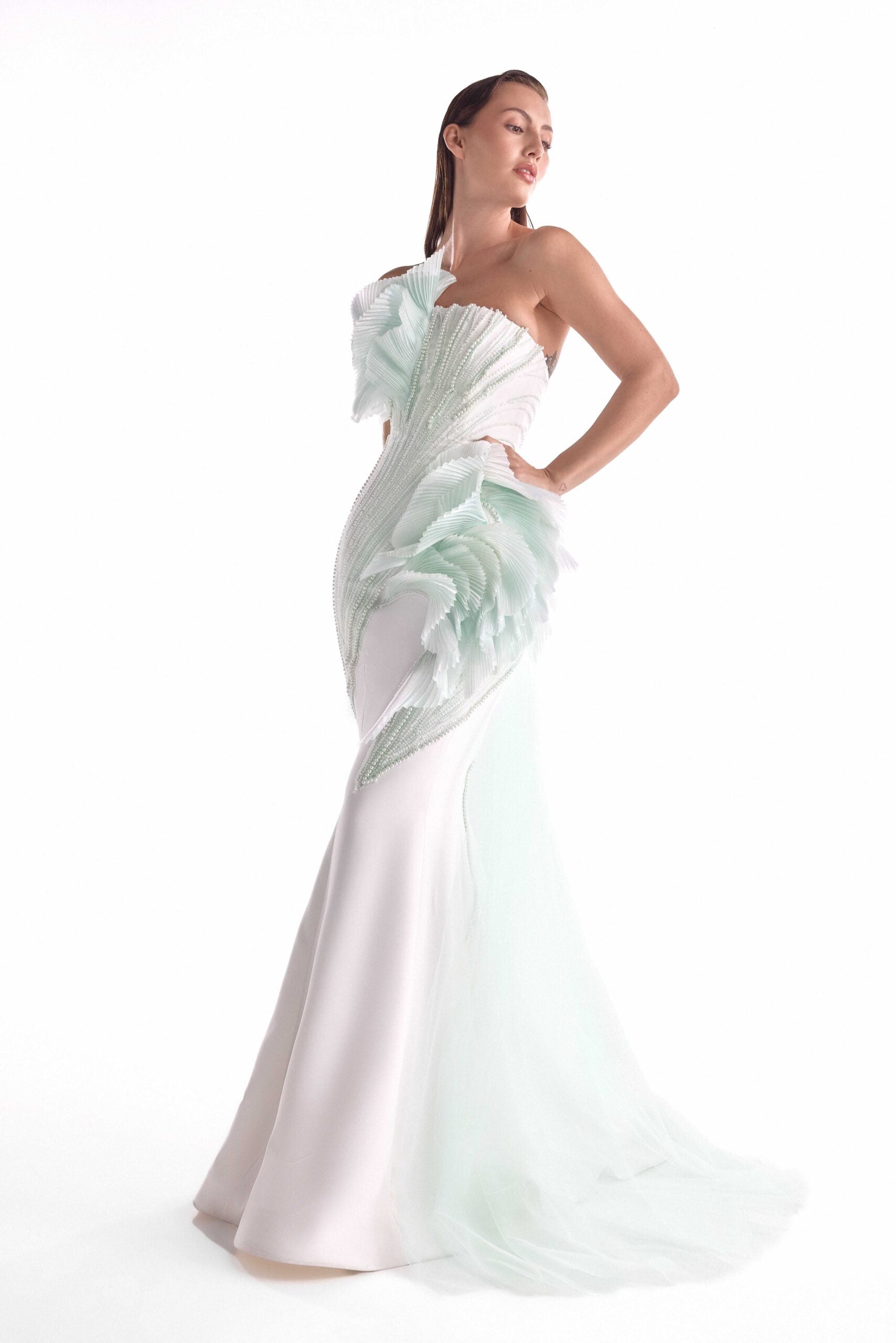Gaby Charbachy G2135 Pearl Lace Pleated Organza Mermaid Gown