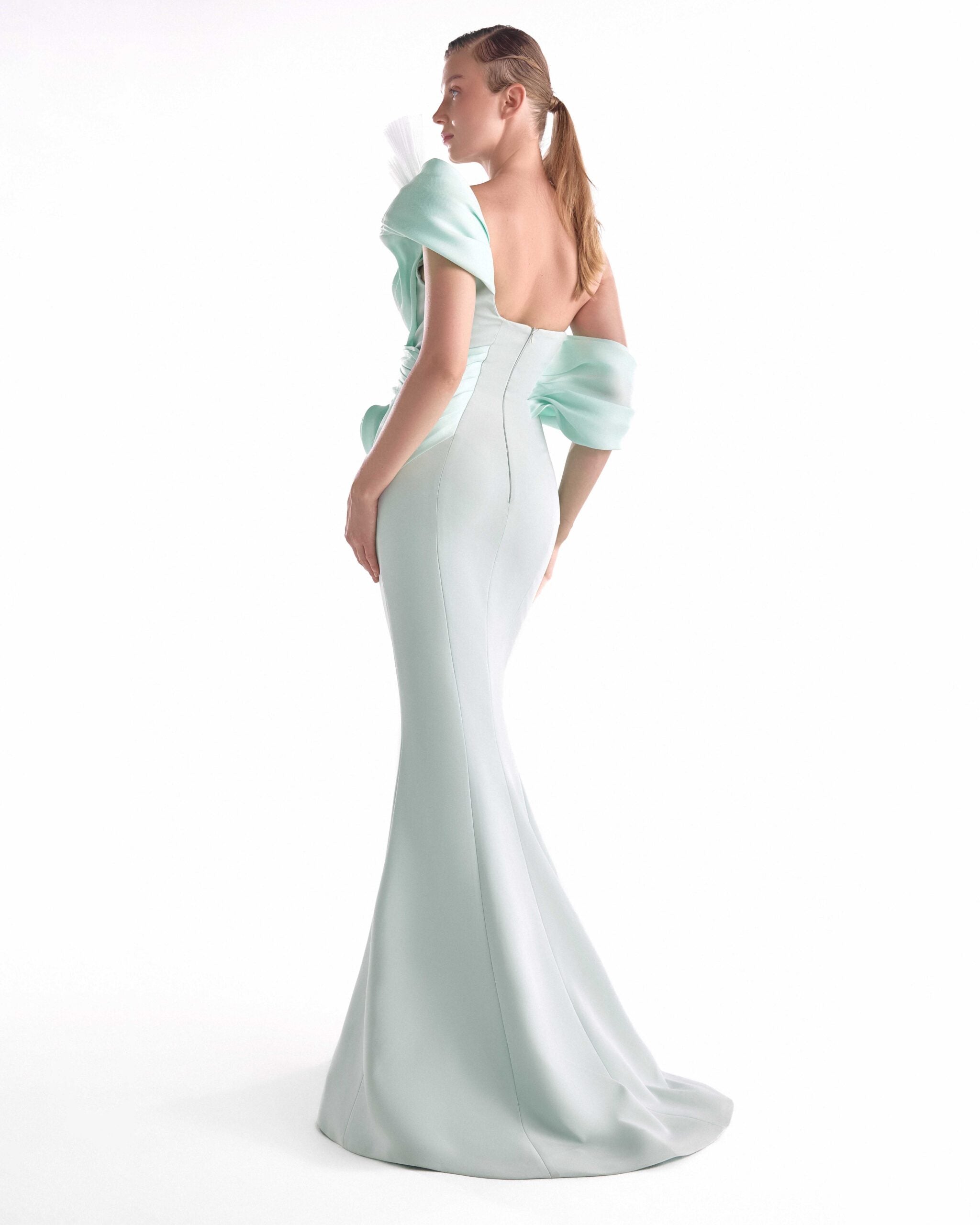 Gaby Charbachy G2136 Mint Organza Off-Shoulder Mermaid Gown