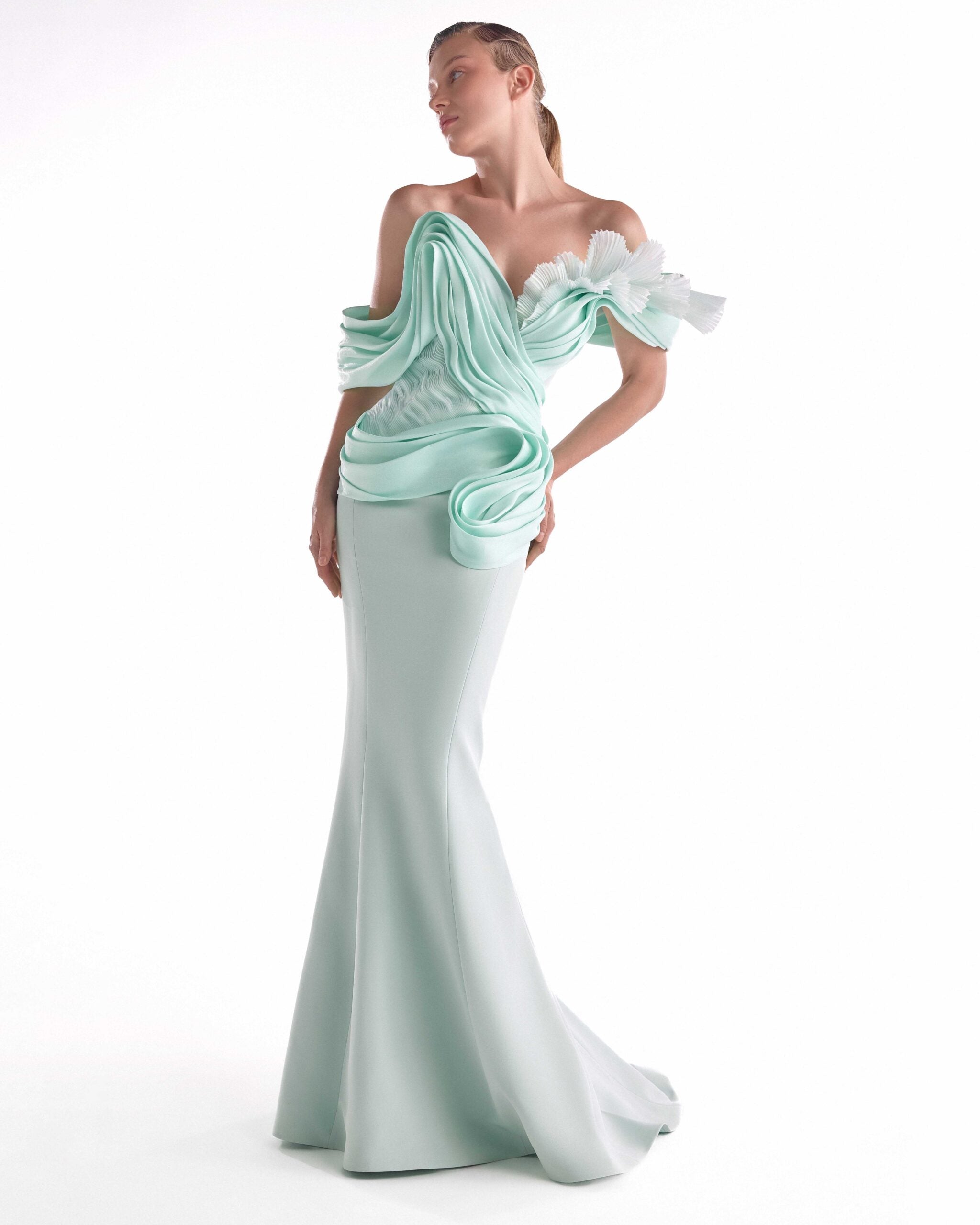 Gaby Charbachy G2136 Mint Organza Off-Shoulder Mermaid Gown