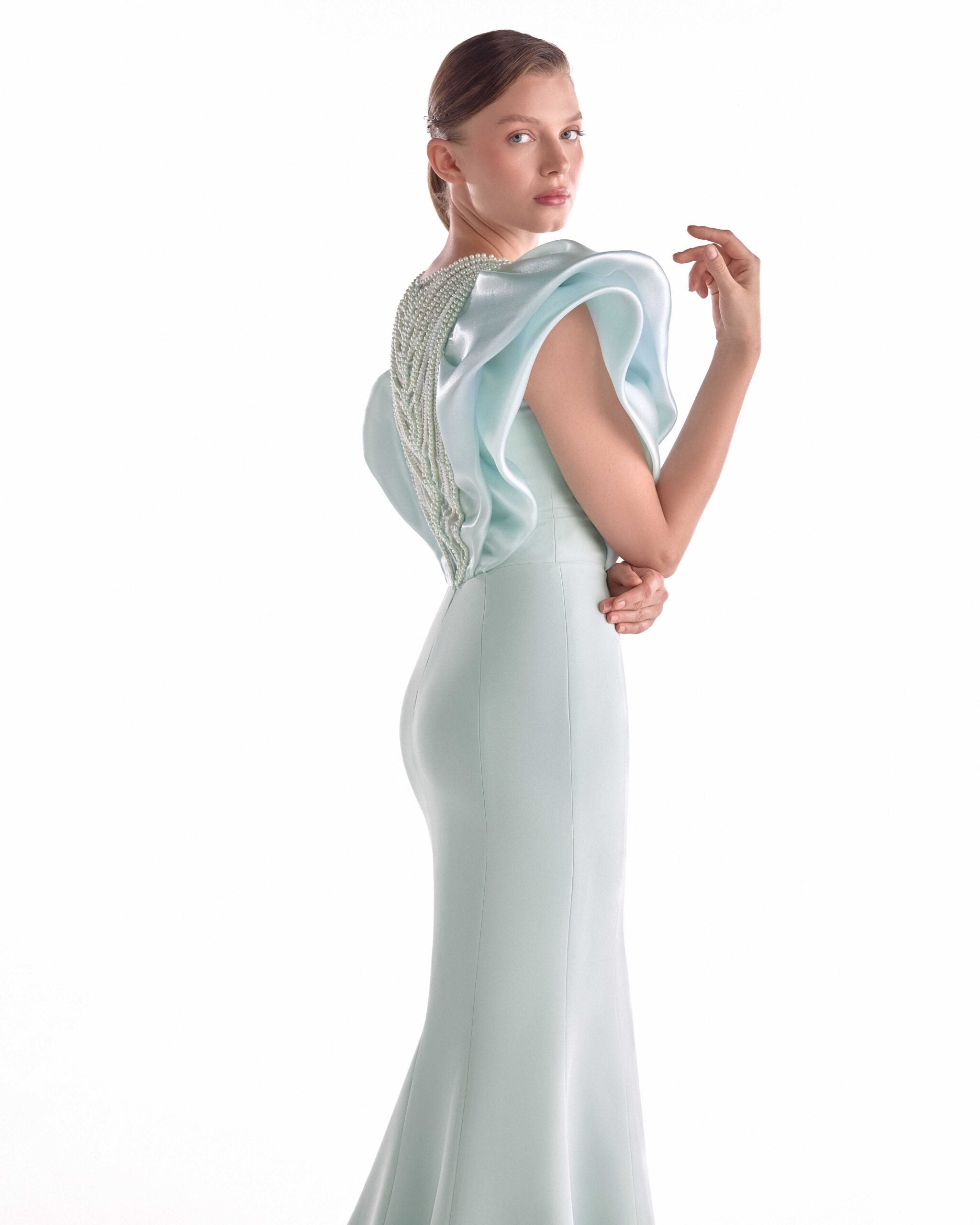 Gaby Charbachy G2138 Mint Crepe Mermaid Gown with Pearl Drapery