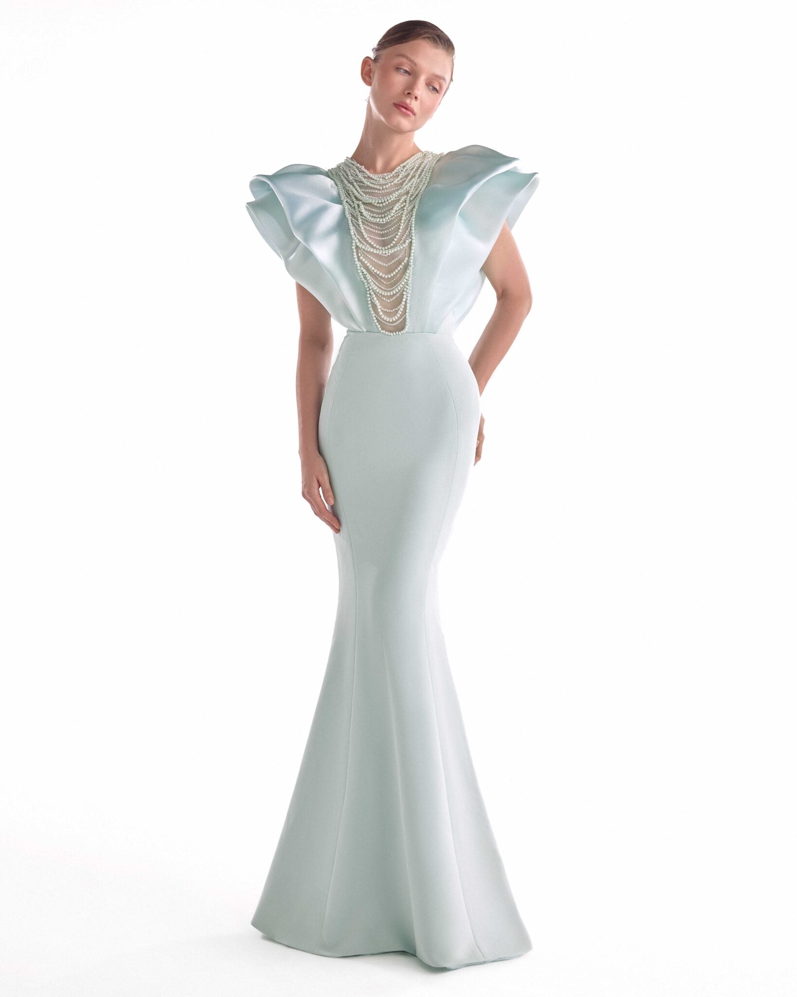 Gaby Charbachy G2138 Mint Crepe Mermaid Gown with Pearl Drapery