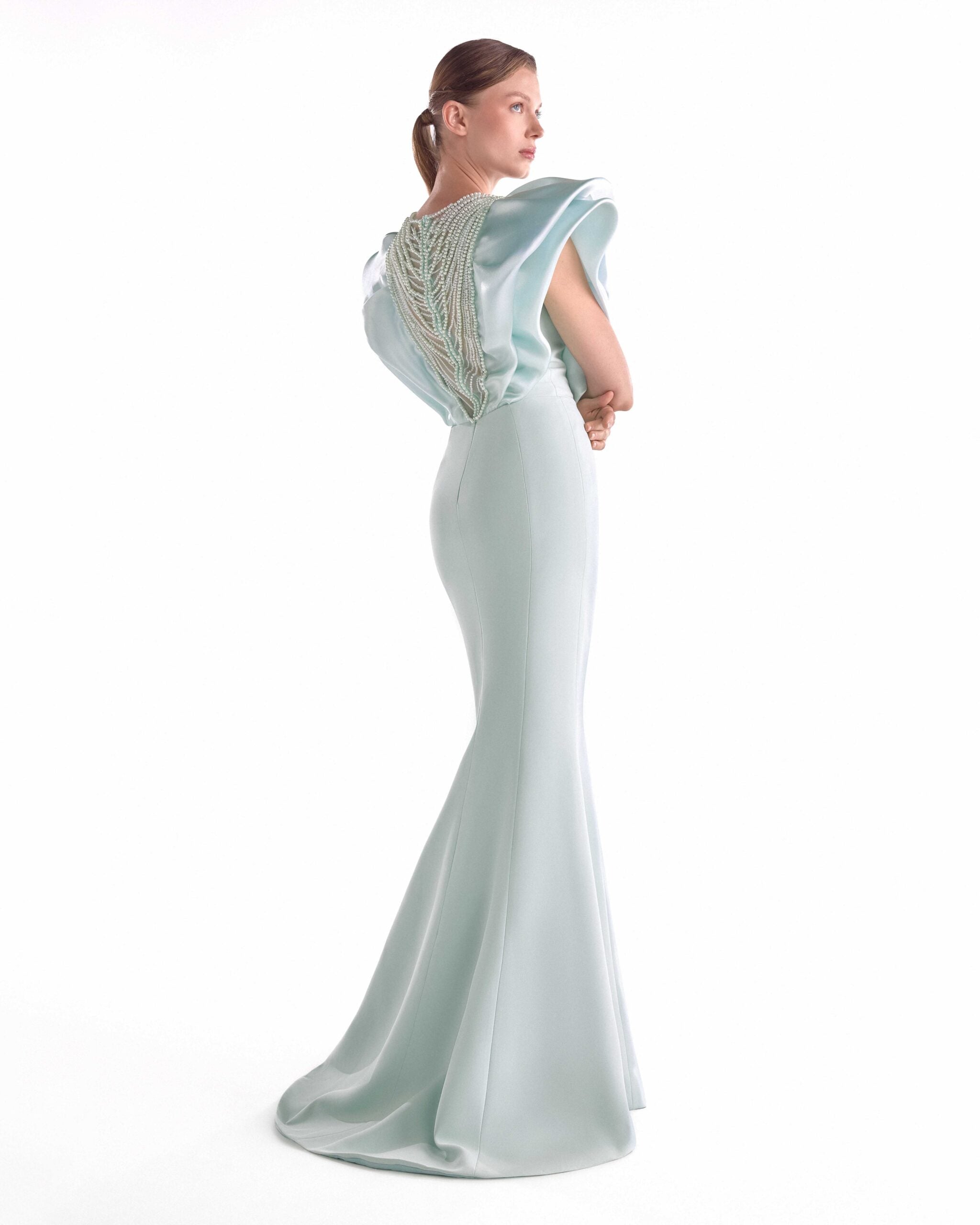 Gaby Charbachy G2138 Mint Crepe Mermaid Gown with Pearl Drapery