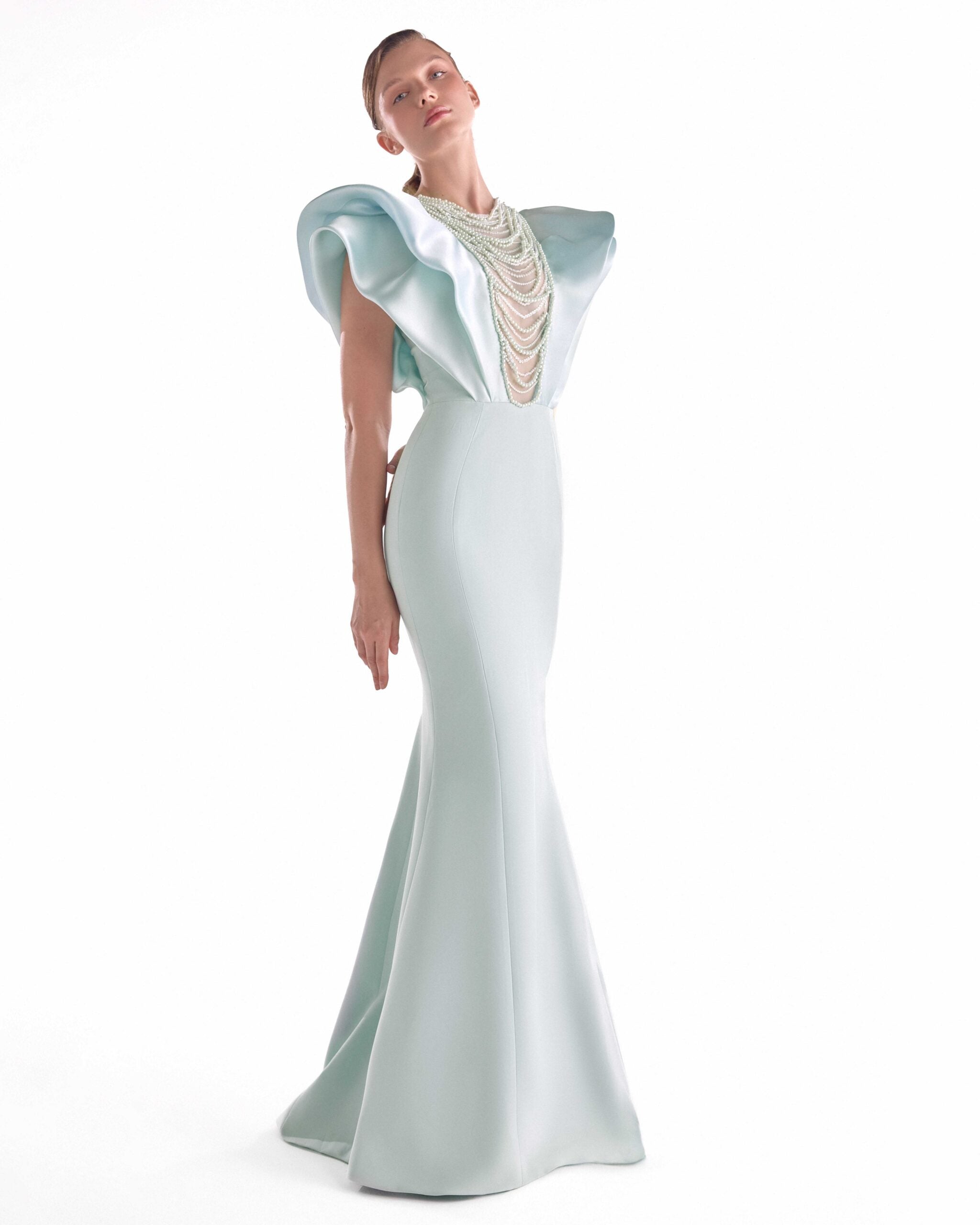 Gaby Charbachy G2138 Mint Crepe Mermaid Gown with Pearl Drapery