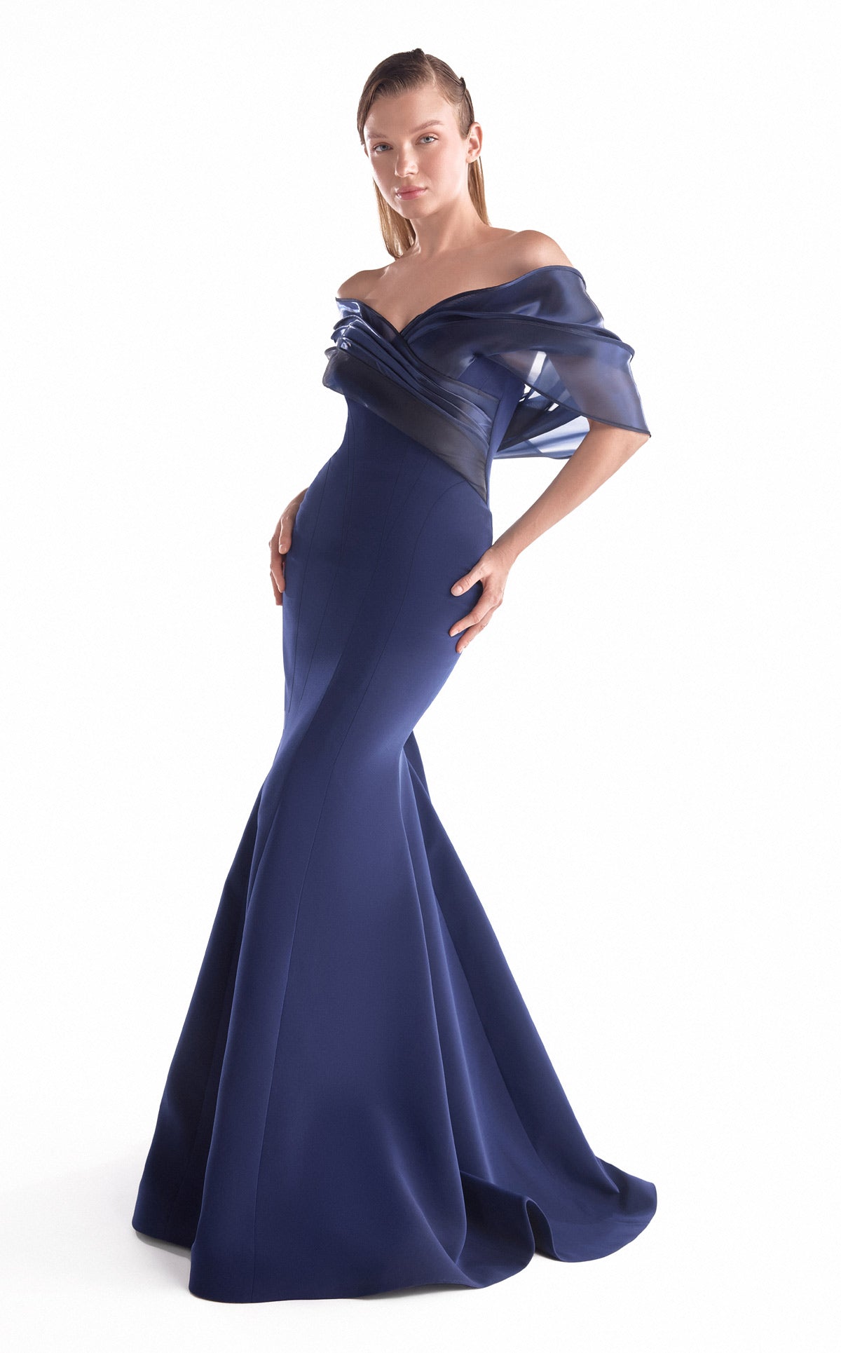 Gaby Charbachy G2144 Crepe Mermaid Gown with Off-Shoulder Organza Draping