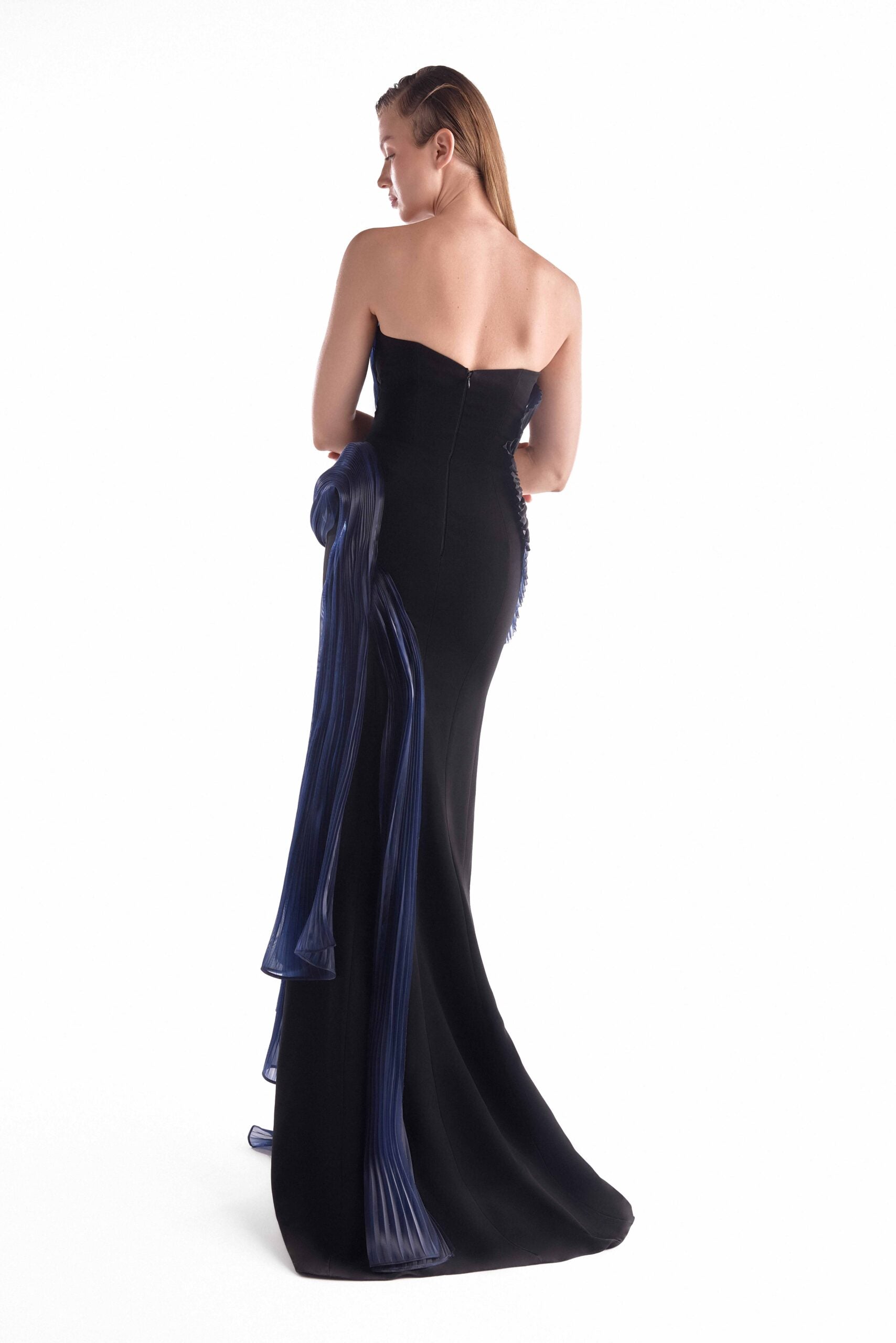 Gaby Charbachy G2145 Navy Blue Strapless Crepe Gown with Pleated Organza Draping & High Slit