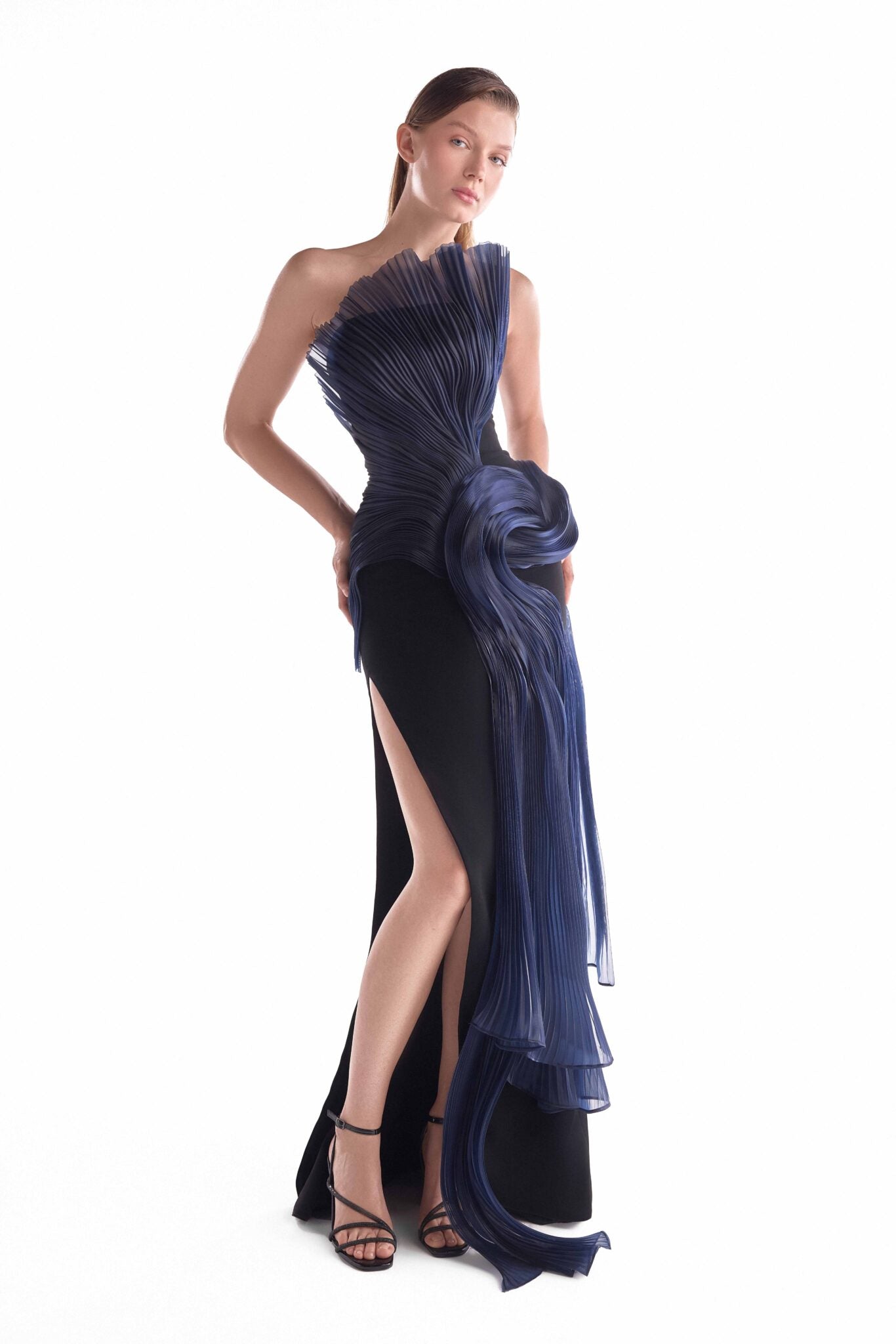 Gaby Charbachy G2145 Navy Blue Strapless Crepe Gown with Pleated Organza Draping & High Slit