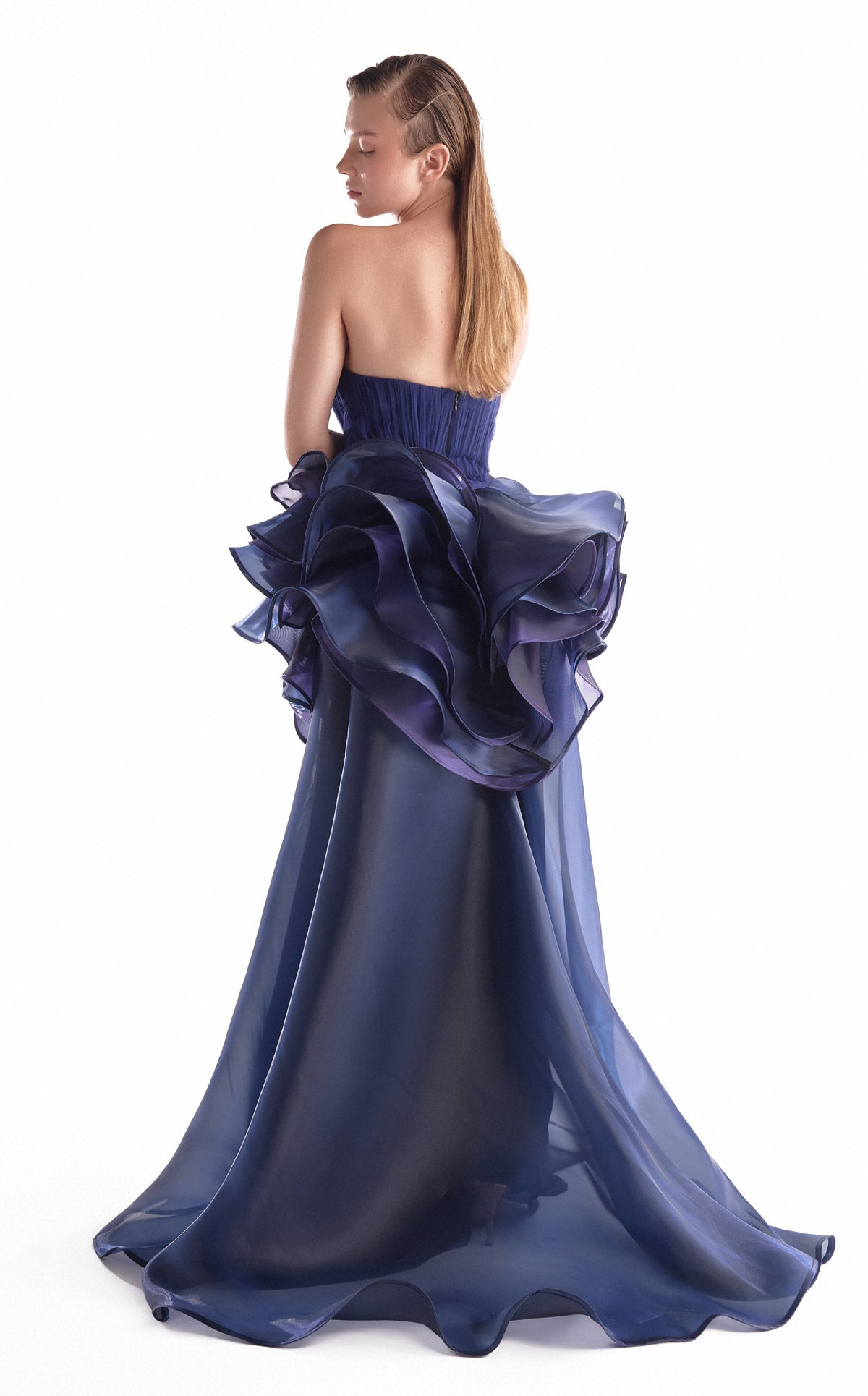 Gaby Charbachy G2146 Navy & Purple Strapless Organza Gown with 3D Floral Bloom
