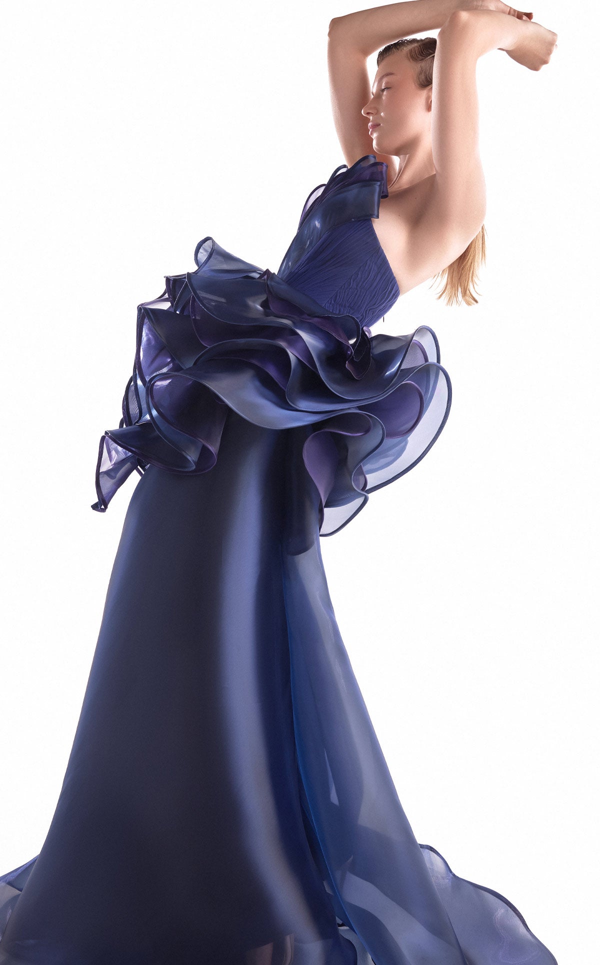 Gaby Charbachy G2146 Navy & Purple Strapless Organza Gown with 3D Floral Bloom
