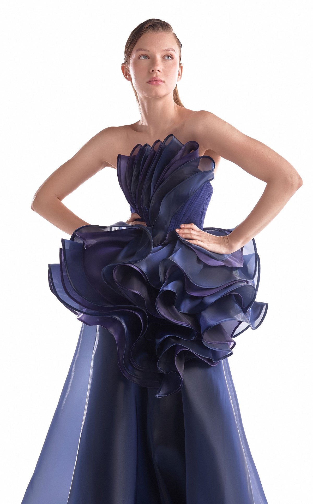 Gaby Charbachy G2146 Navy & Purple Strapless Organza Gown with 3D Floral Bloom
