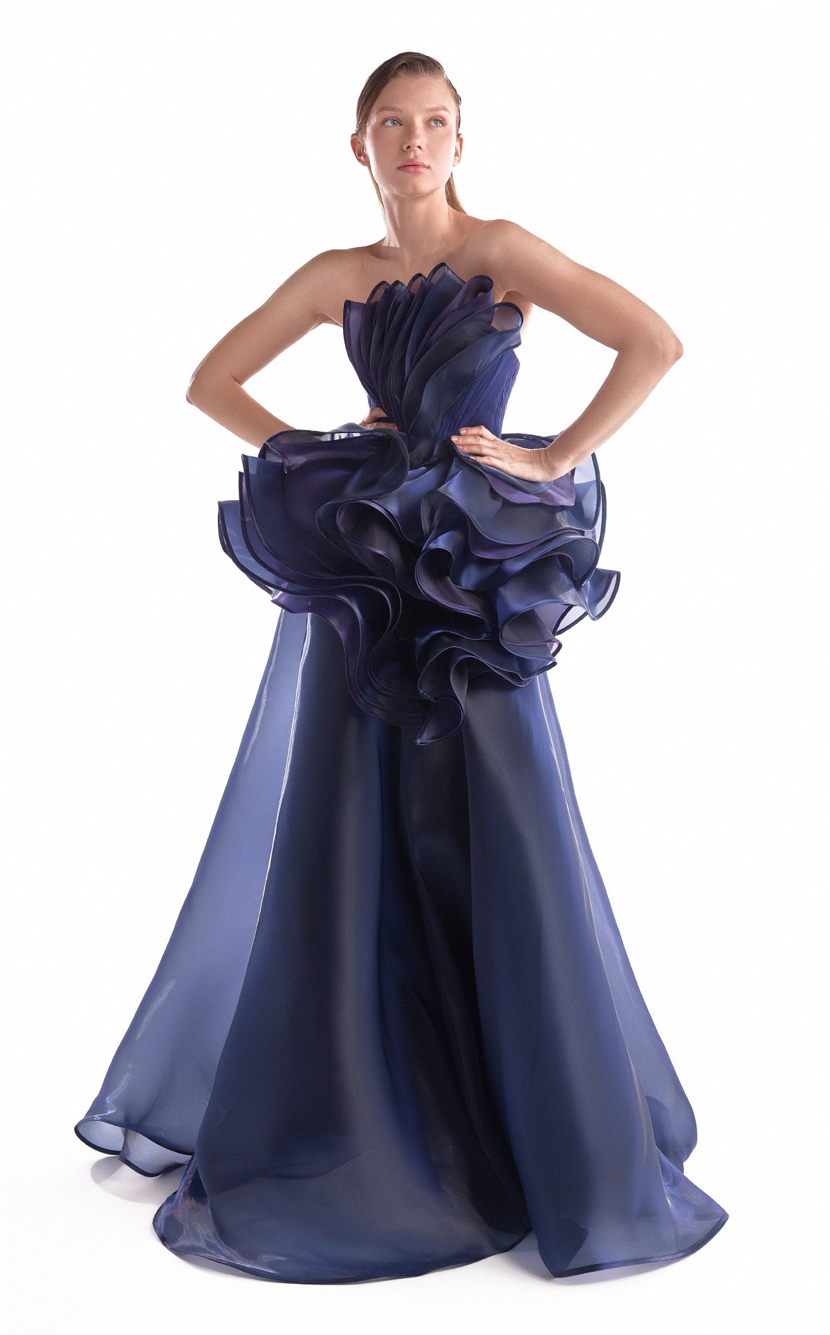 Gaby Charbachy G2146 Navy & Purple Strapless Organza Gown with 3D Floral Bloom