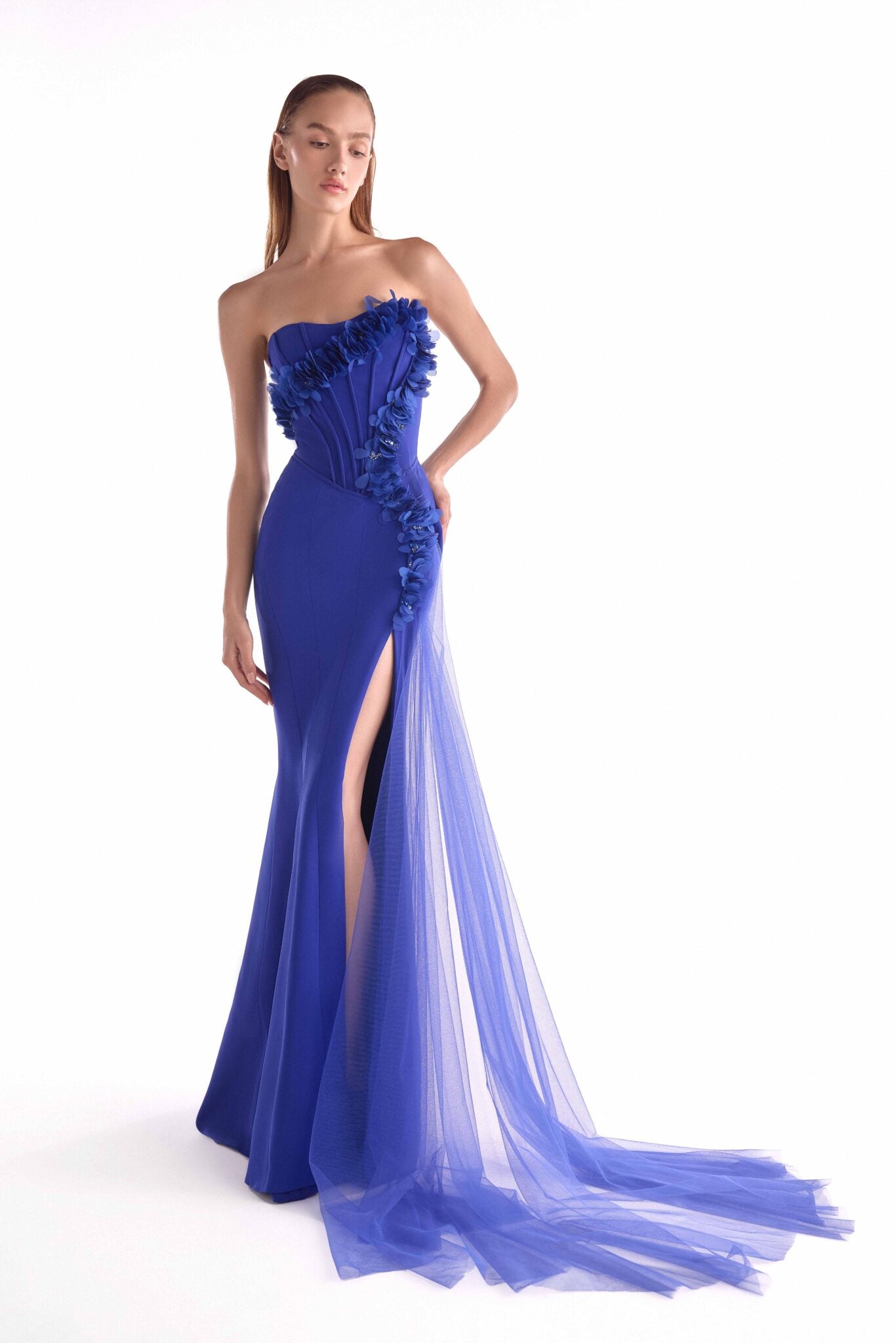 Gaby Charbachy G2149 Royal Blue Strapless Boned Corset Gown with Floral Appliqué & Tulle Train