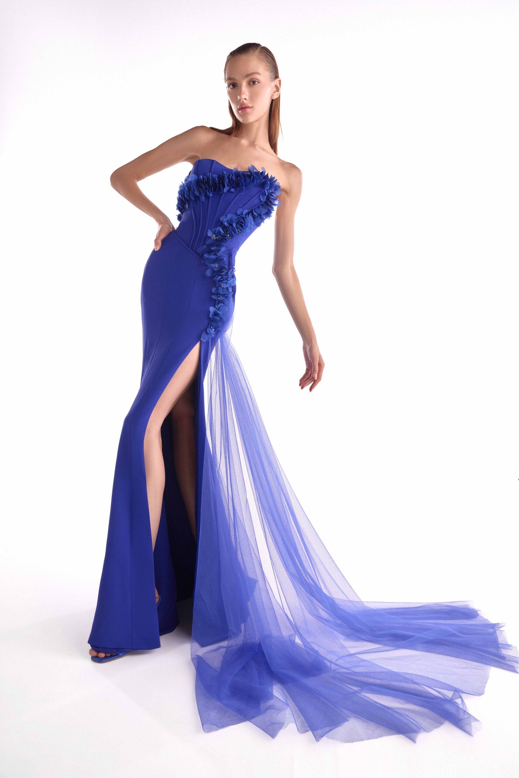 Gaby Charbachy G2149 Royal Blue Strapless Boned Corset Gown with Floral Appliqué & Tulle Train