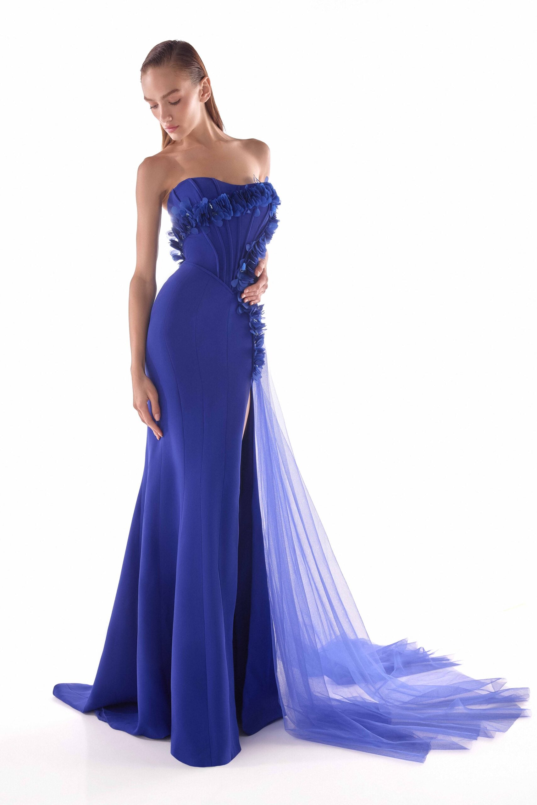 Gaby Charbachy G2149 Royal Blue Strapless Boned Corset Gown with Floral Appliqué & Tulle Train