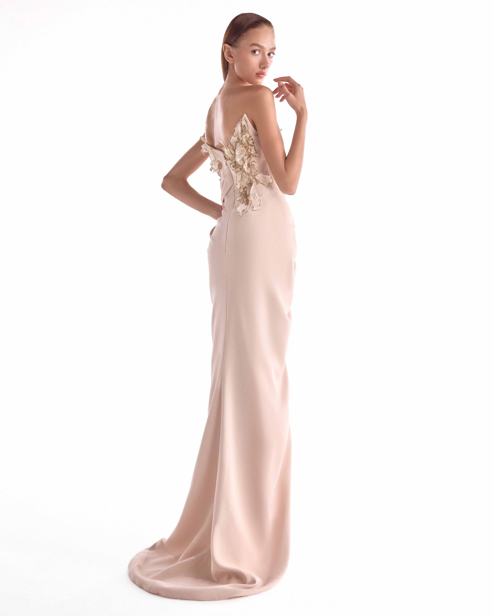 Golden Floral Embellishment Bloom, Nude Draped Gown G2107